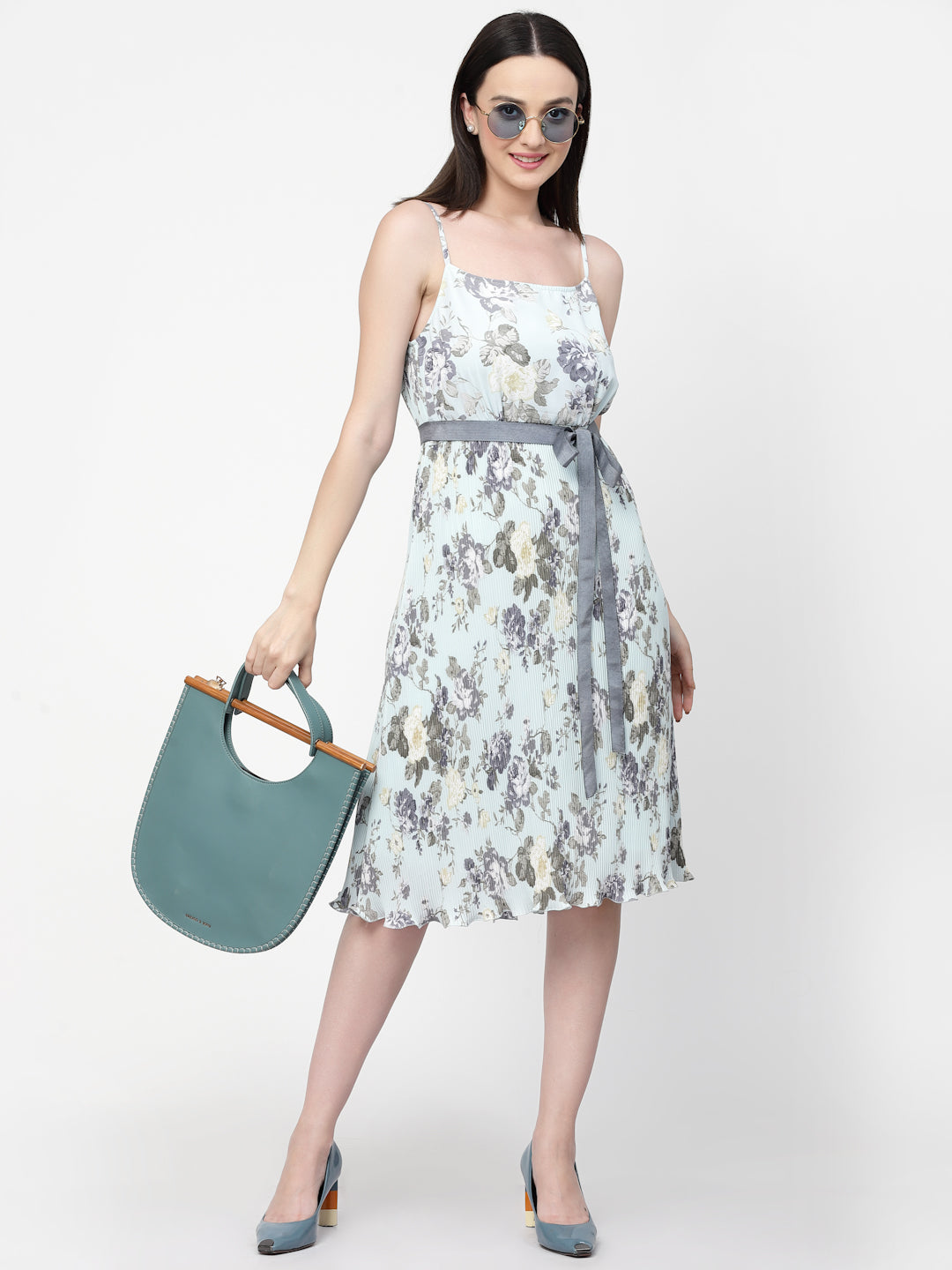 Women Floral Print Spaghetti Dress With Belt