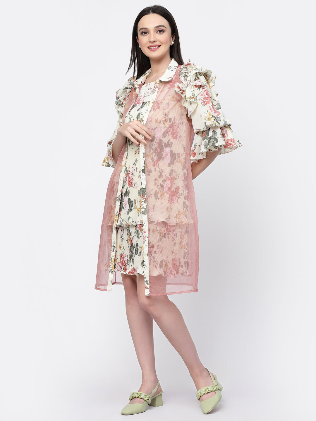 Organza Jacket With Floral Puff Sleeves