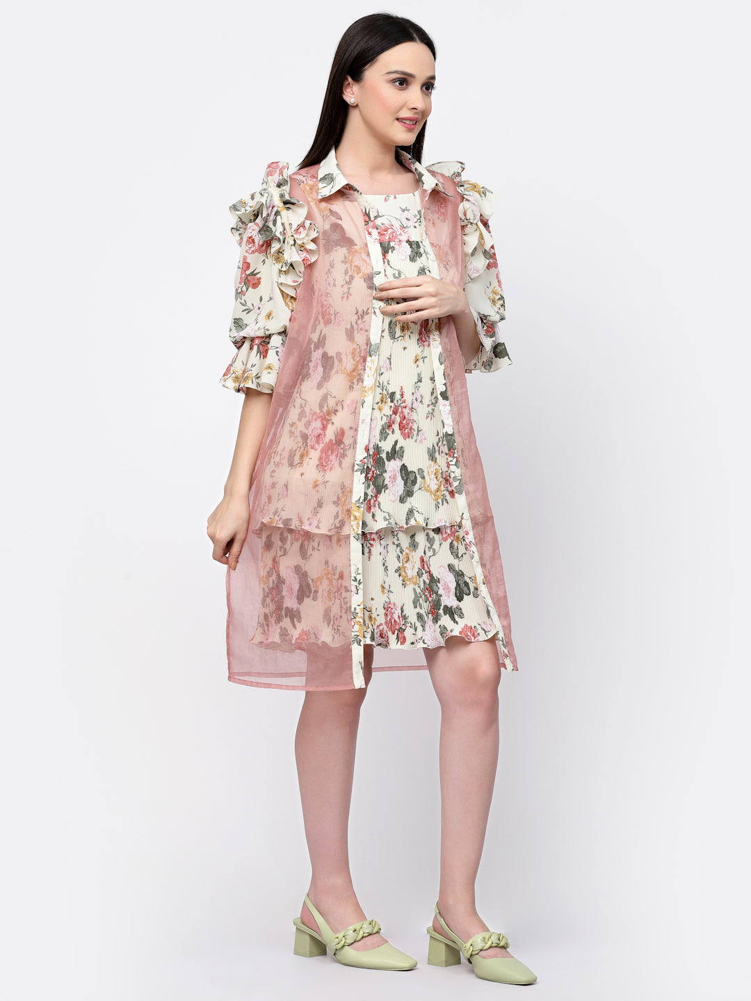 Organza Jacket With Floral Puff Sleeves