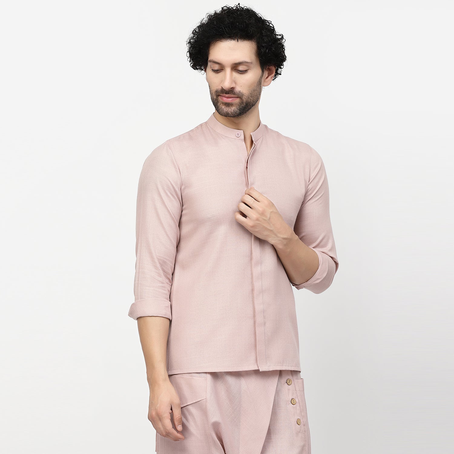 Pink Linen Shirt With Mandarin Collar