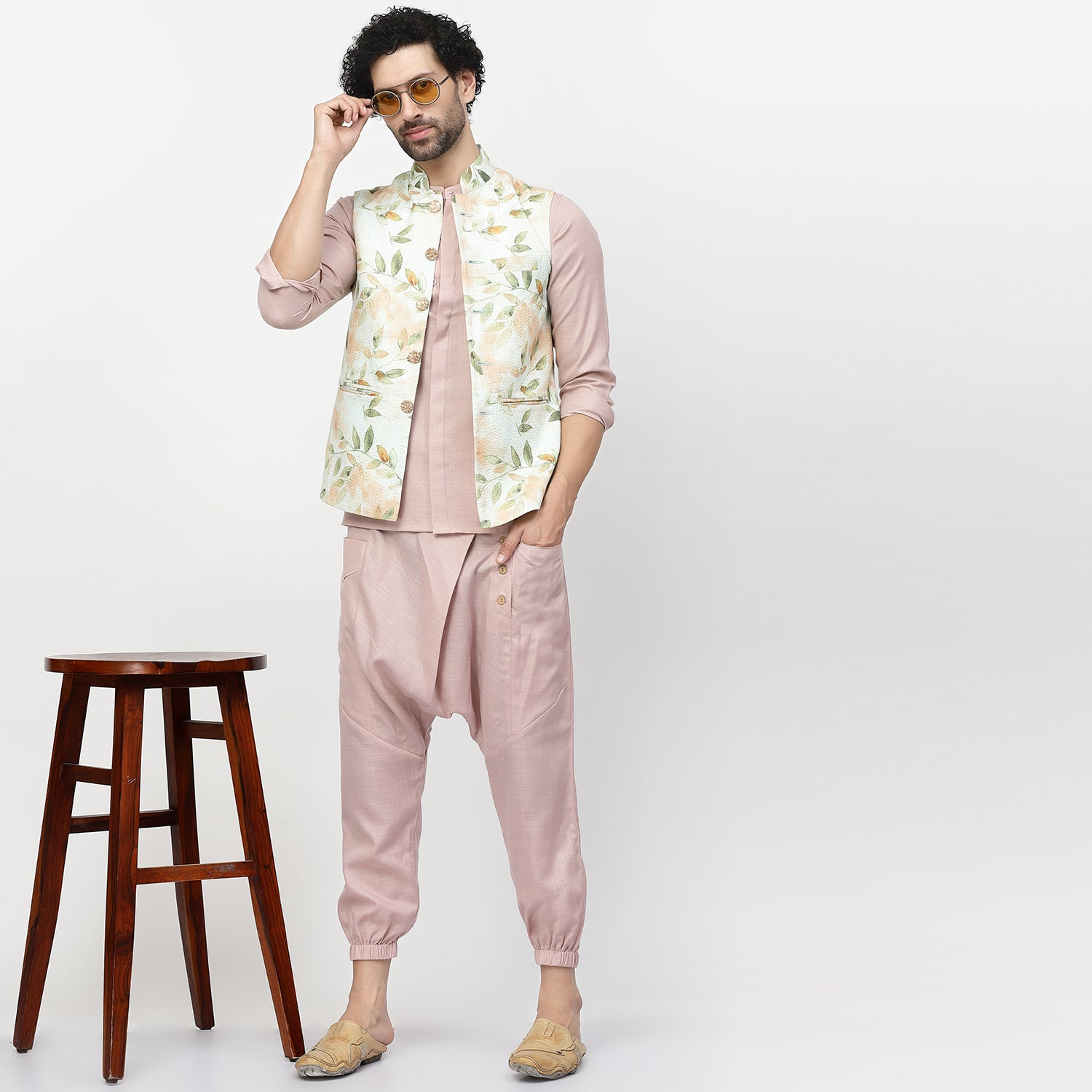 Leaf Print Cotton Embroidered Jacket for Men-5