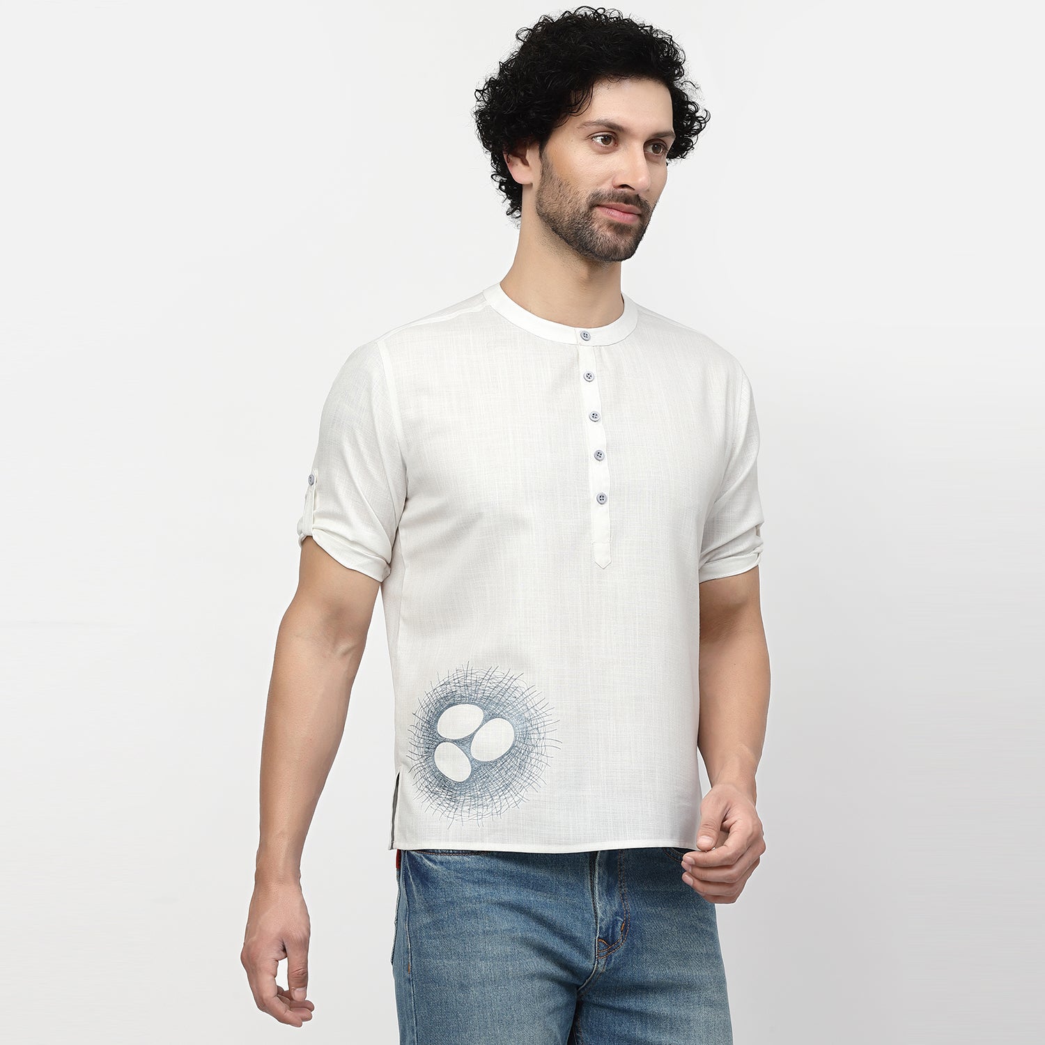 Linen Short Kurta With Nest Embroidery