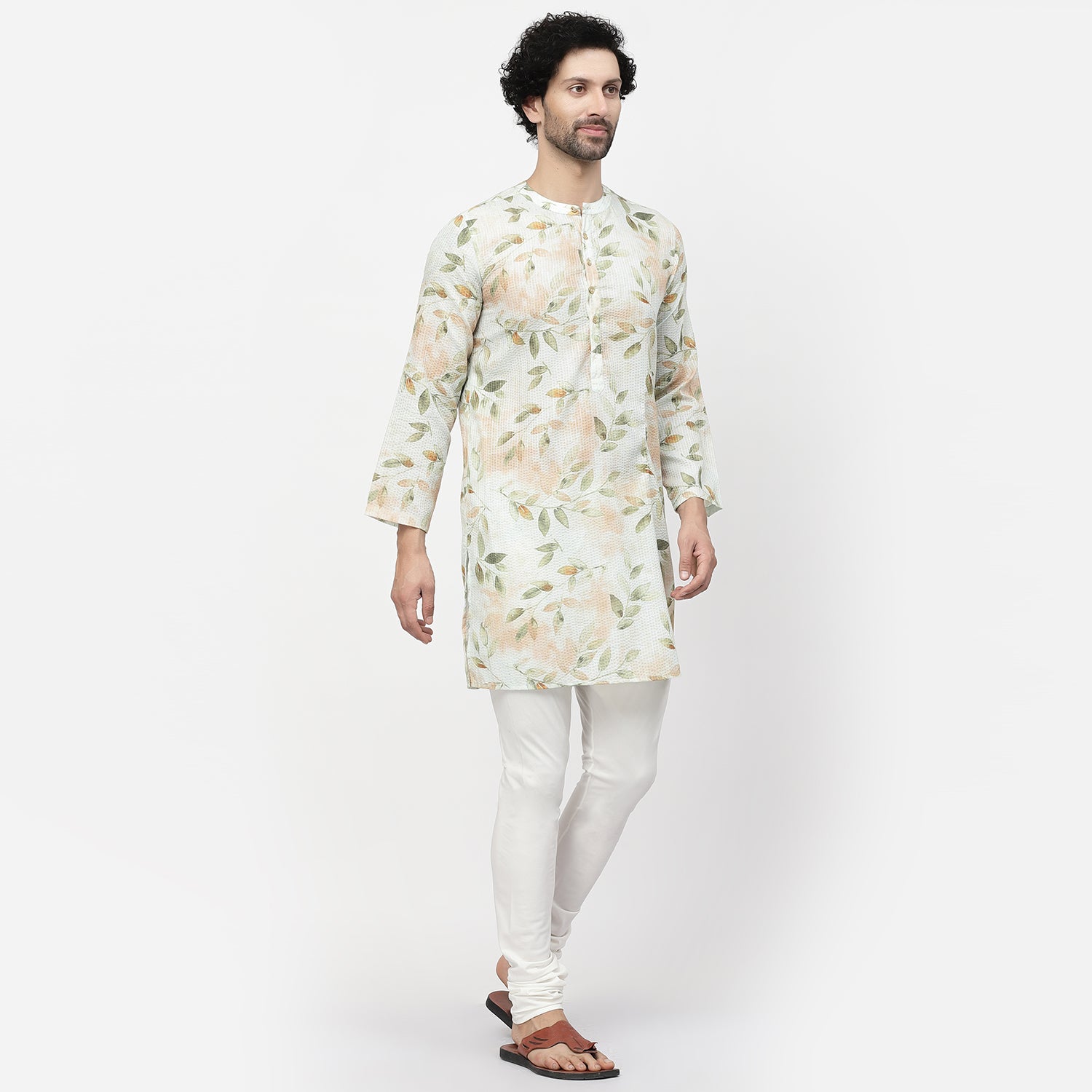 Leaf Floral Print Cotton Embroidery Kurta