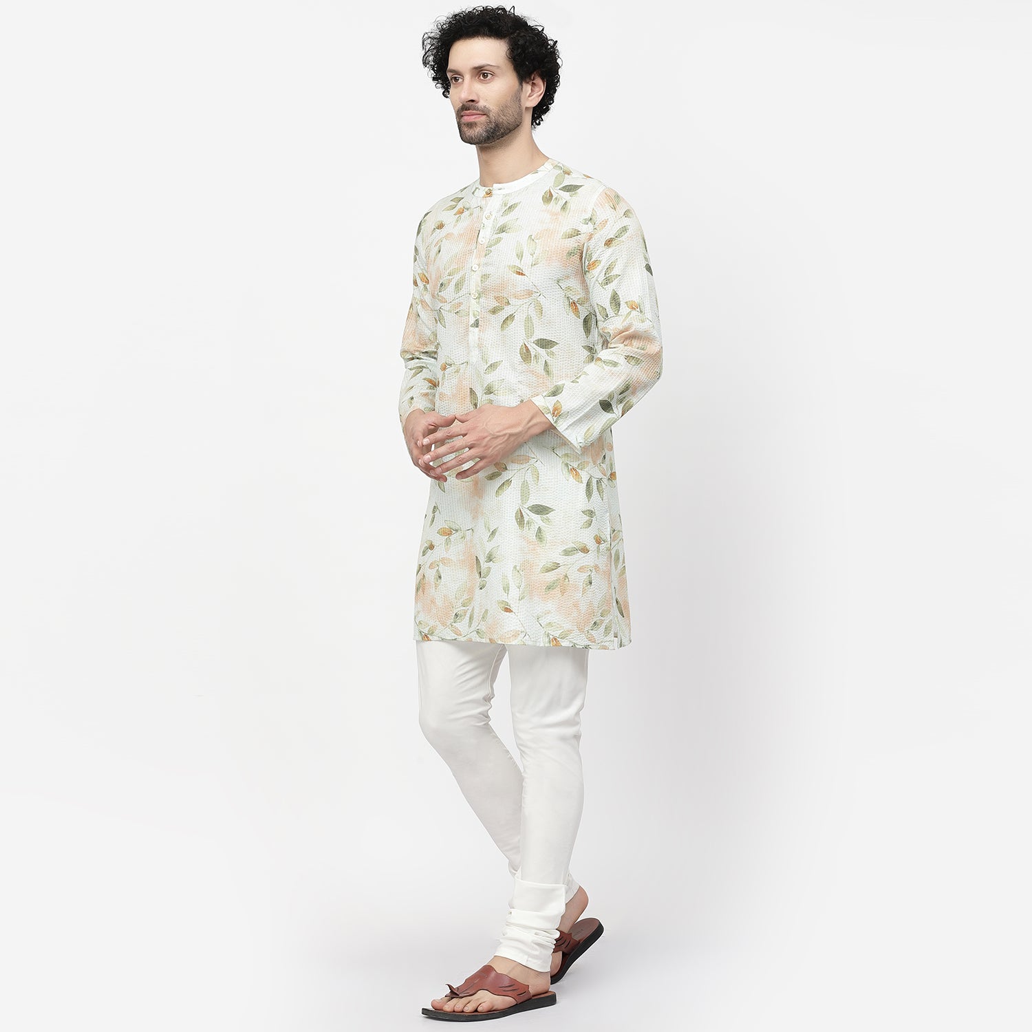 Leaf Floral Print Cotton Embroidery Kurta