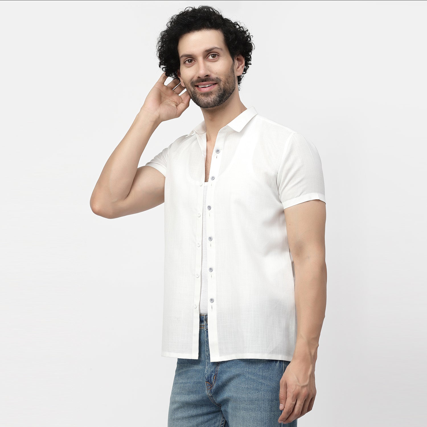 Linen Half Sleeve Shirt With Button Detail