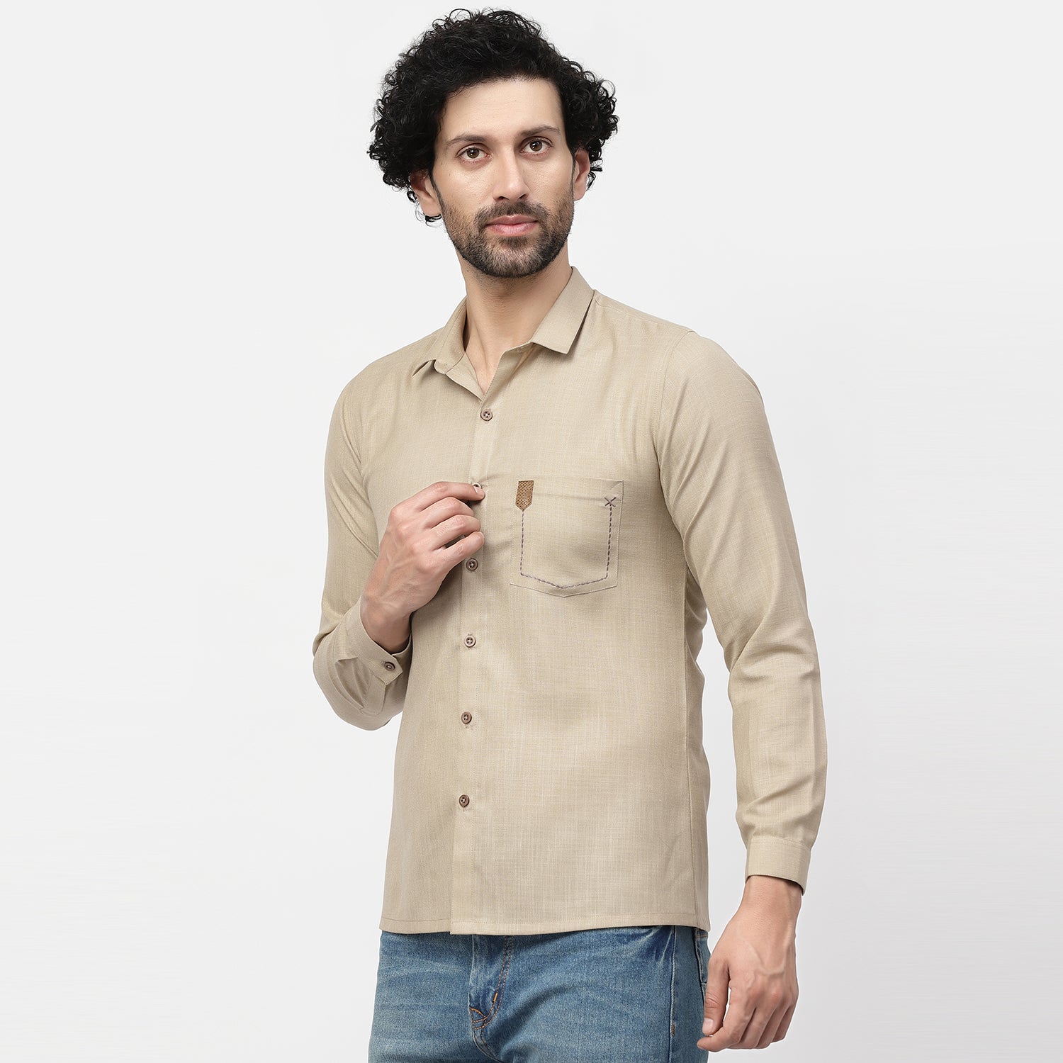 Linen Shirt With Pocket Details & Leather Patch