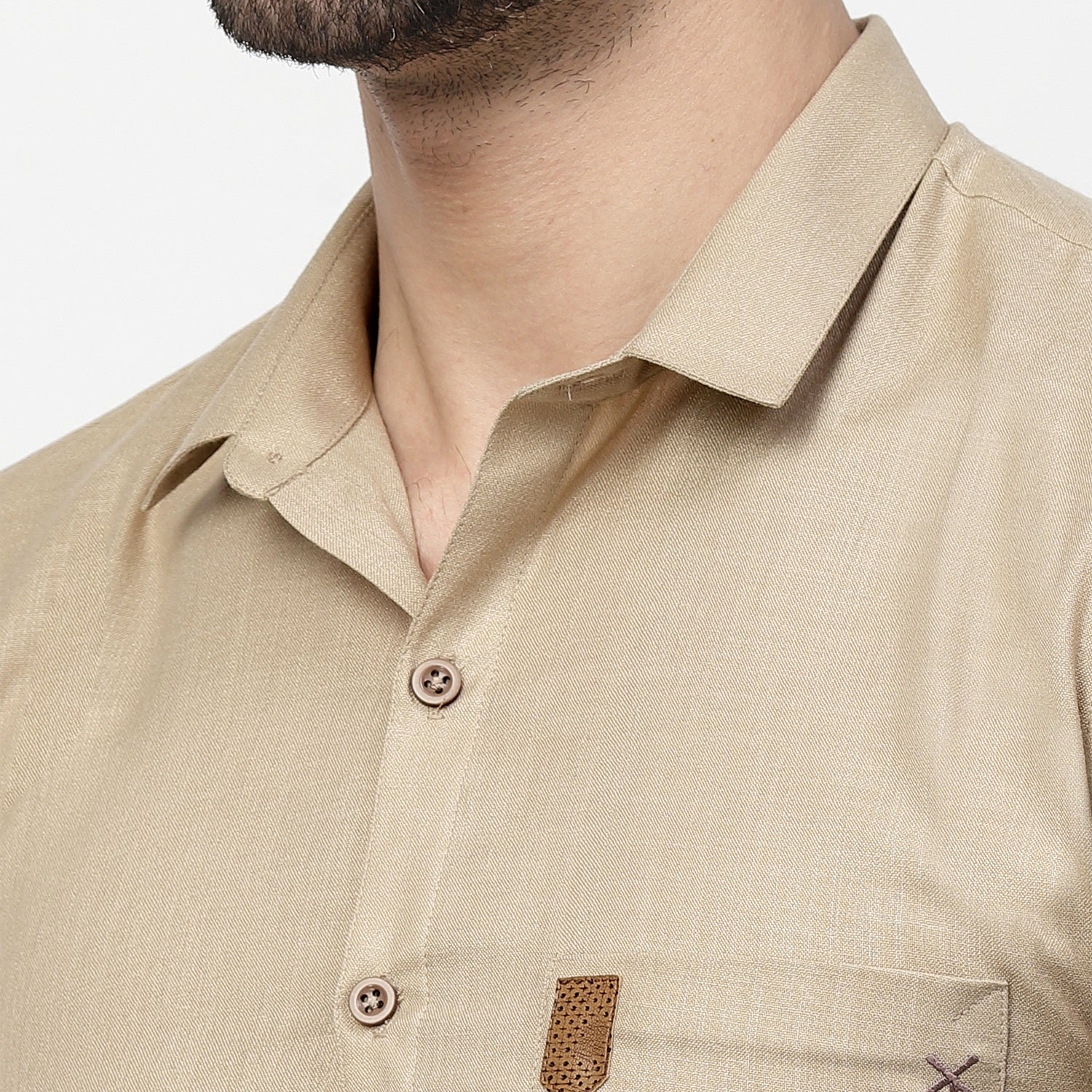 Linen Shirt With Pocket Details & Leather Patch