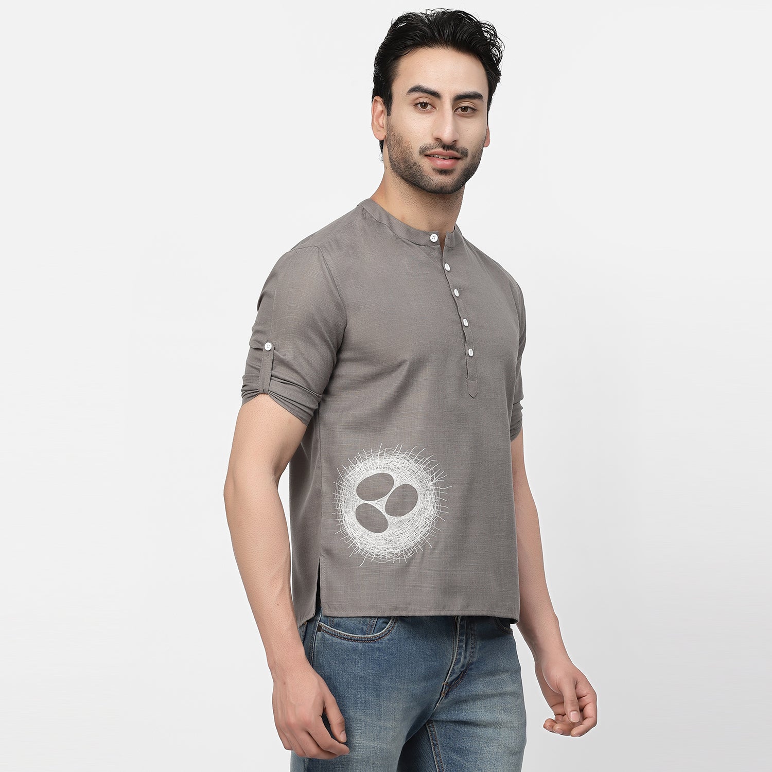 Linen Short Kurta With Nest Embroidery