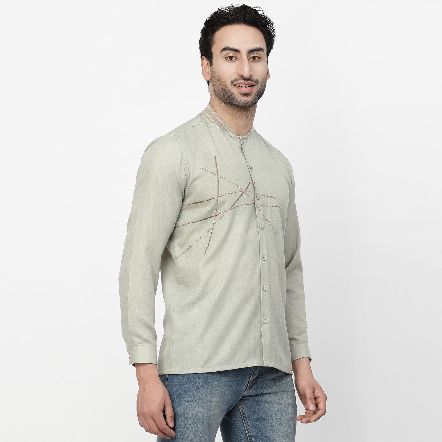 Linen Shirt With Ribbed Collar