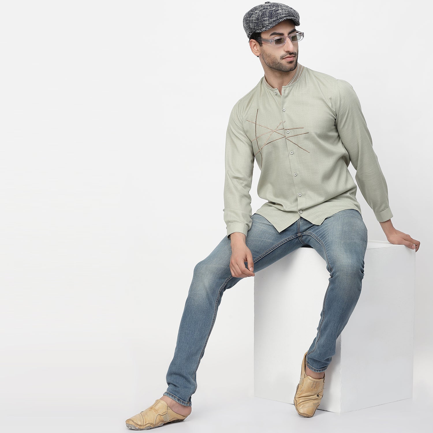 Linen Shirt With Ribbed Collar