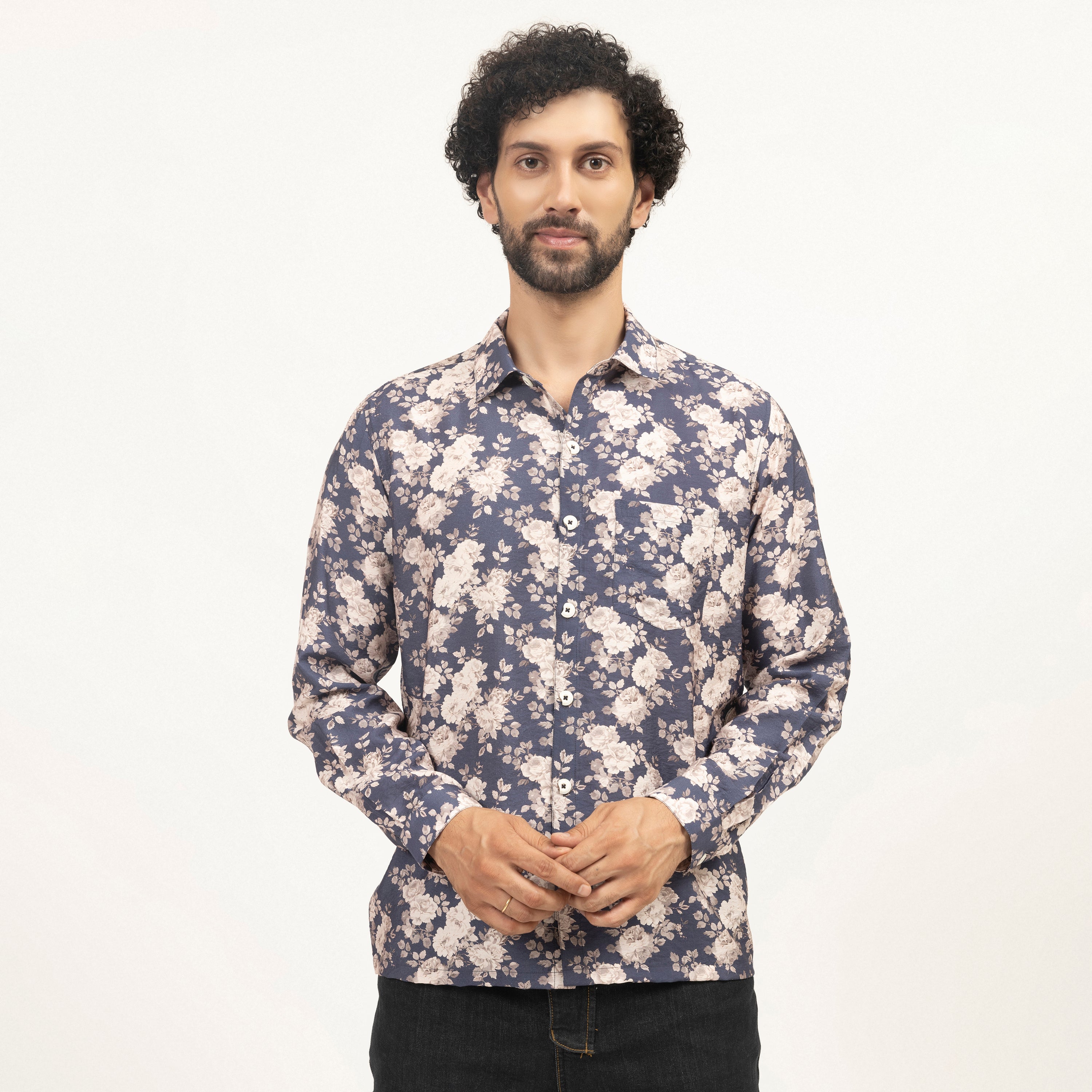 Blue Floral Printed Full Sleeves Shirt