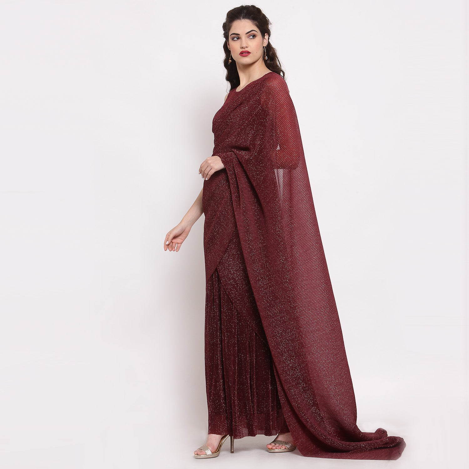 Maroon Drape Saree With Net And Plisse Fabric,  saree for women, saree designs, trendy sarees, party wear saree, party wear saree for women
