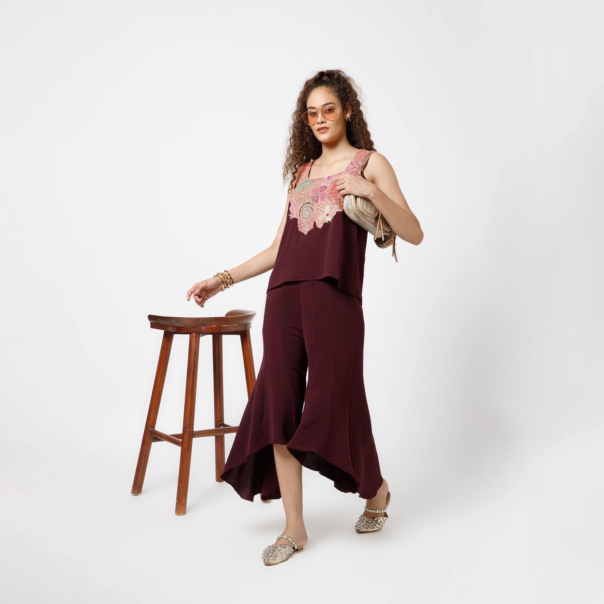 Green Crepe Top With Patch Embroidery