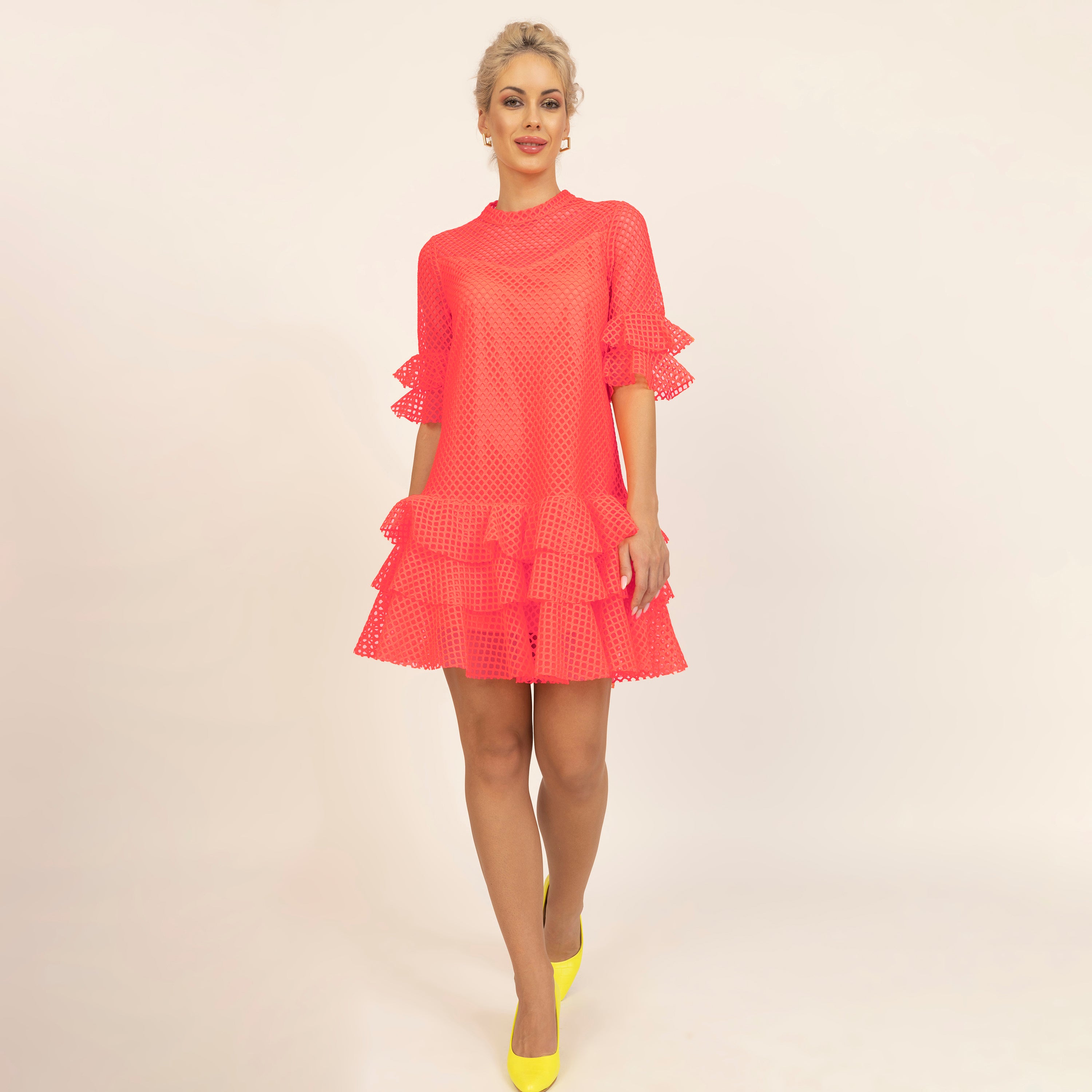 Neon Mesh Net Multi Layer Frill Dress, dress for women, women dress, dress, color, design, one piece dress, party wear dress