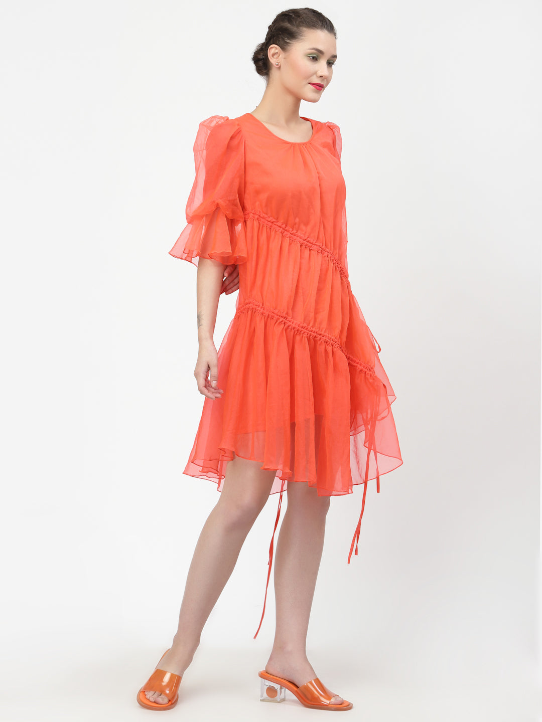 Neon Peach Organza Asymmetrical Dress for Women-2