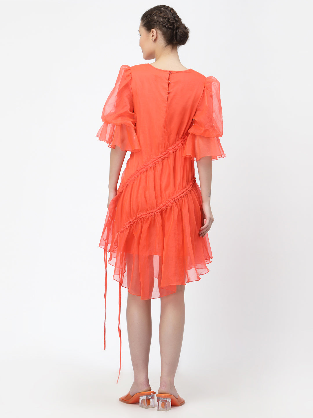 Neon Peach Organza Asymmetrical Dress for Women-4