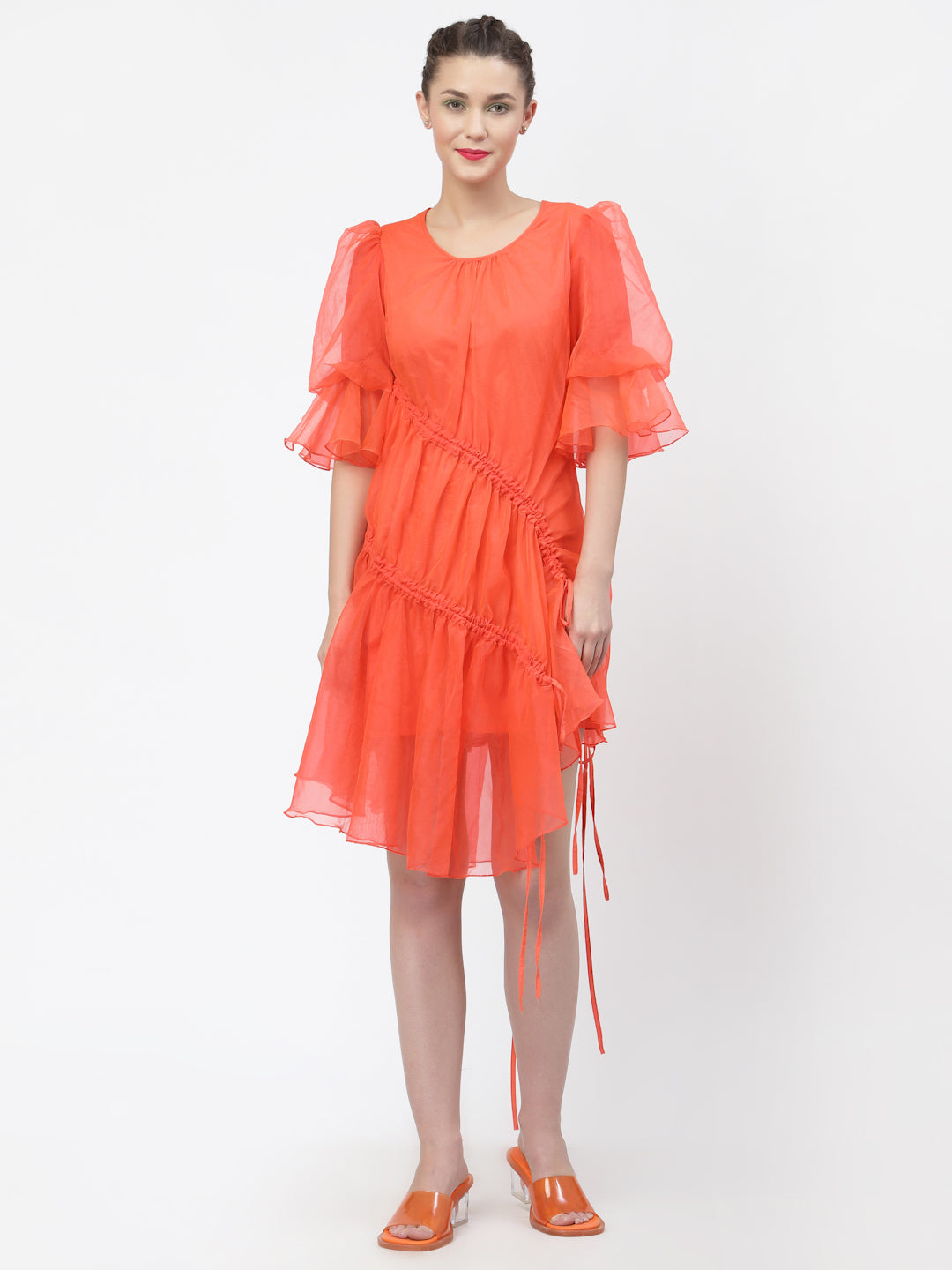 Neon Peach Organza Asymmetrical Dress for Women-5