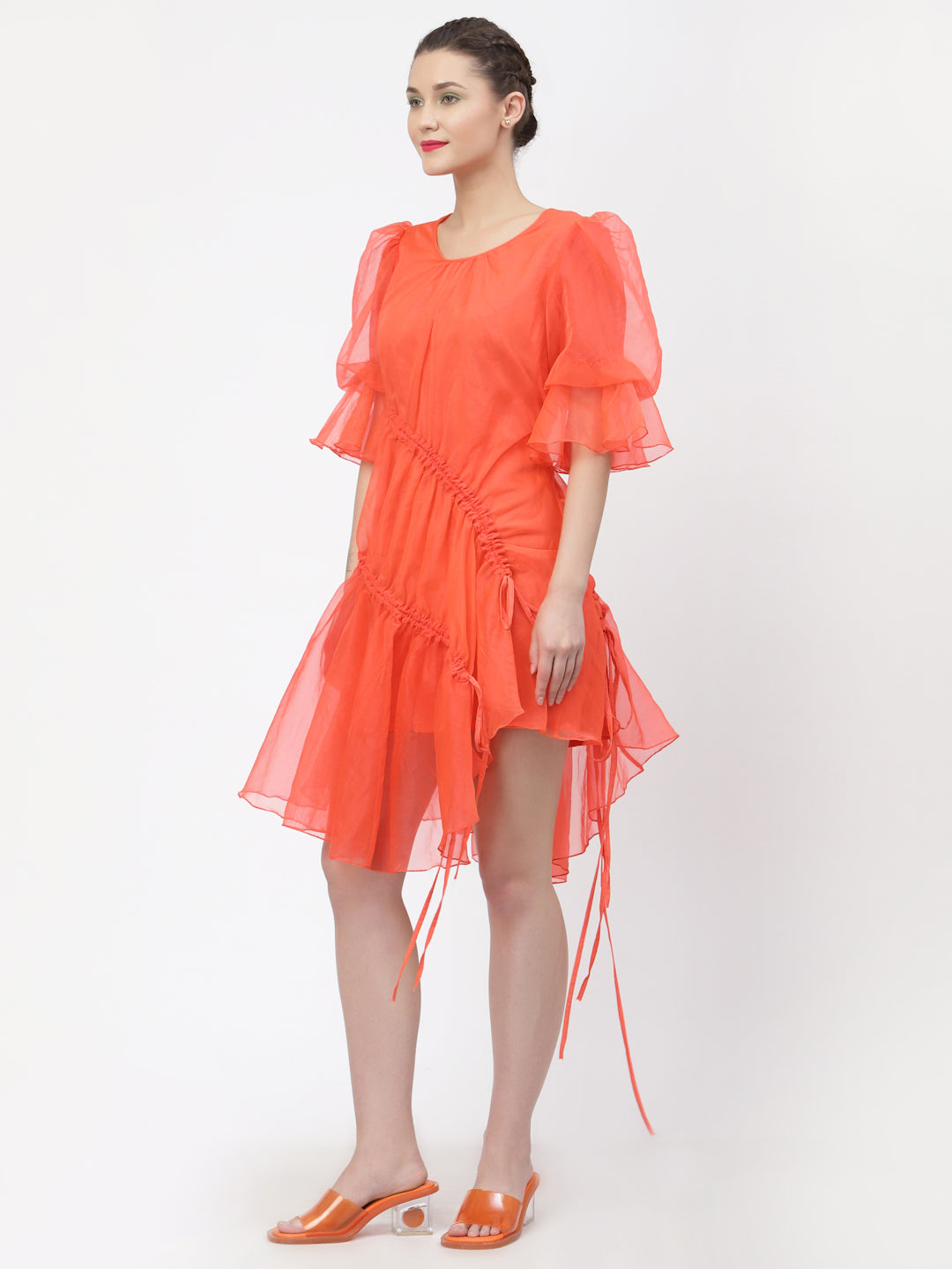 Neon Peach Organza Asymmetrical Dress for Women-1