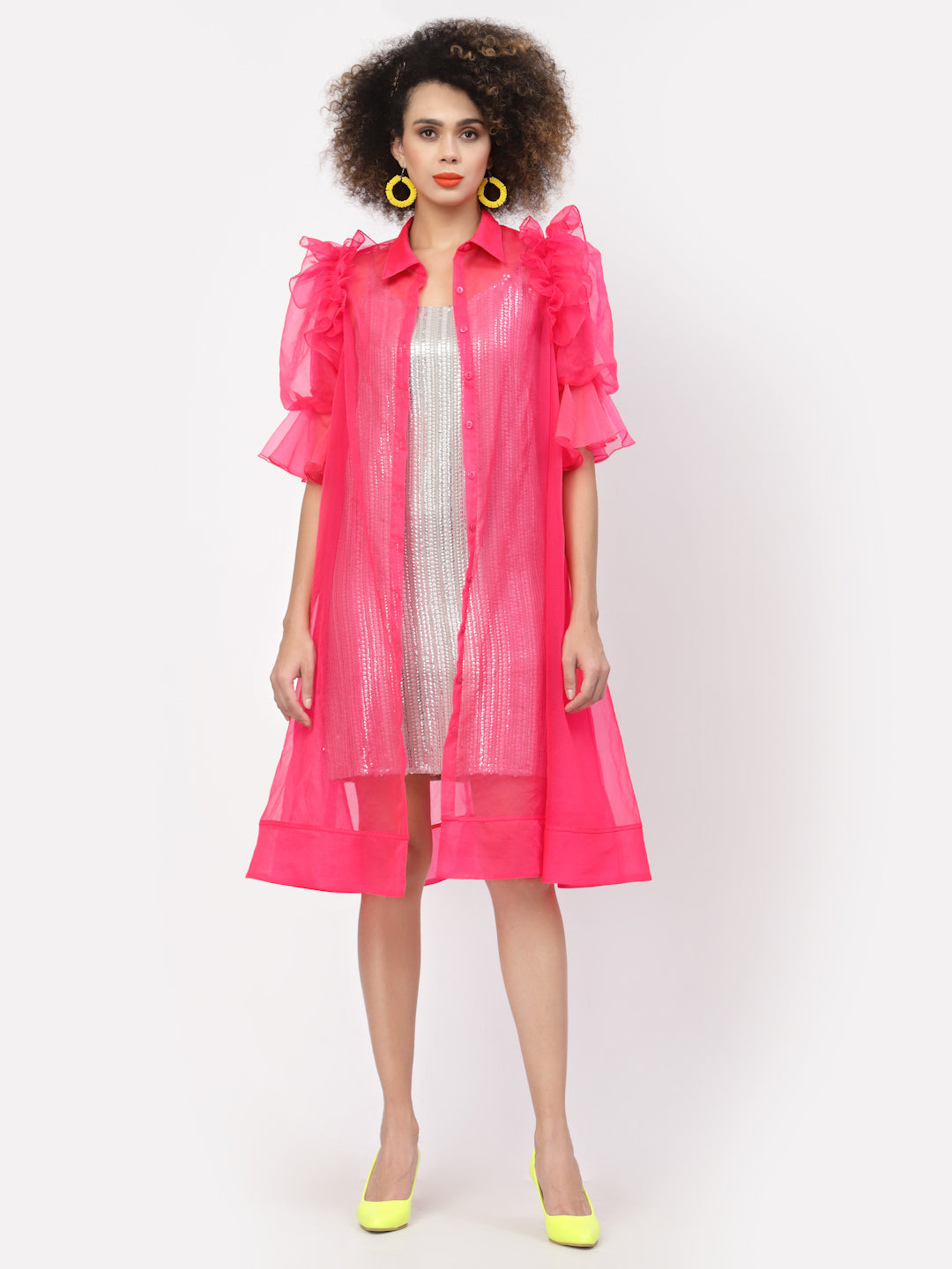 Neon Pink Organza Jacket With Puff Sleeves, Organza jackets, Stylish Jackets, Summer Women’s Jackets, Long Women Jackets , Short jackets for women