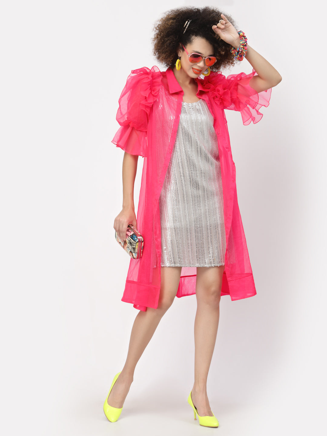 Neon Pink Organza Jacket With Puff Sleeves, Organza jackets, Stylish Jackets, Summer Women’s Jackets, Long Women Jackets , Short jackets for women