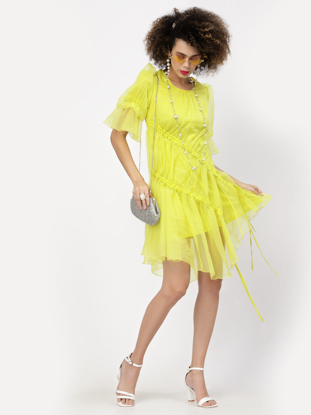 Neon Yellow Organza Asymmetrical Dresses for Women