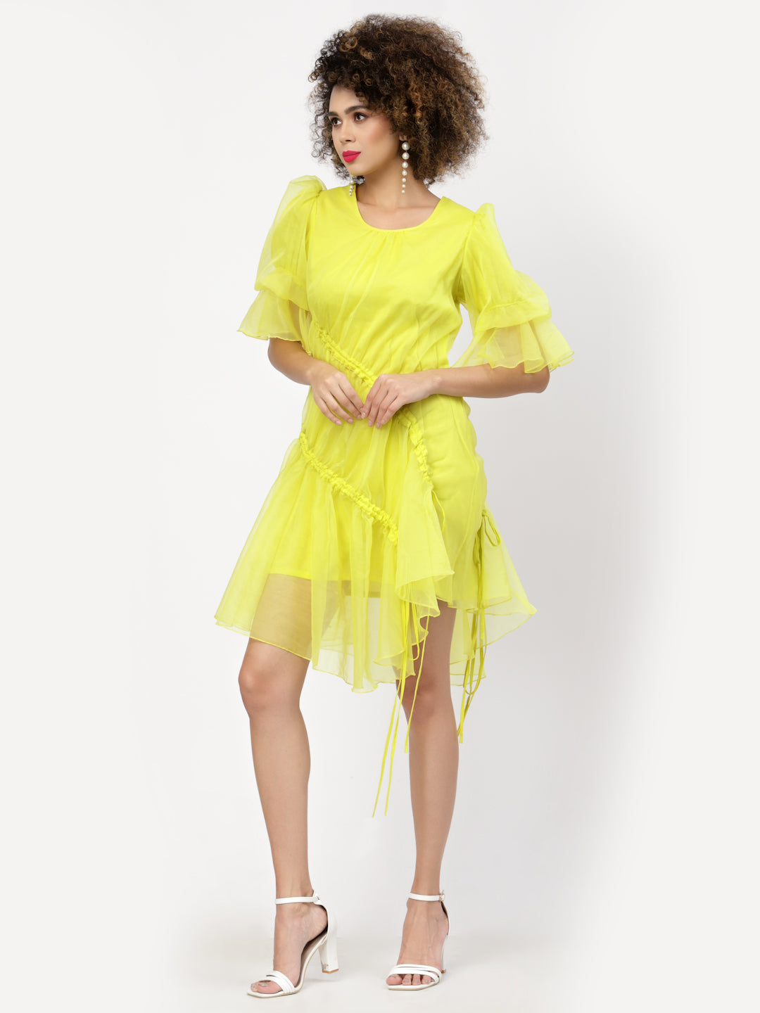 Neon Yellow Organza Asymmetrical Dresses for Women-1