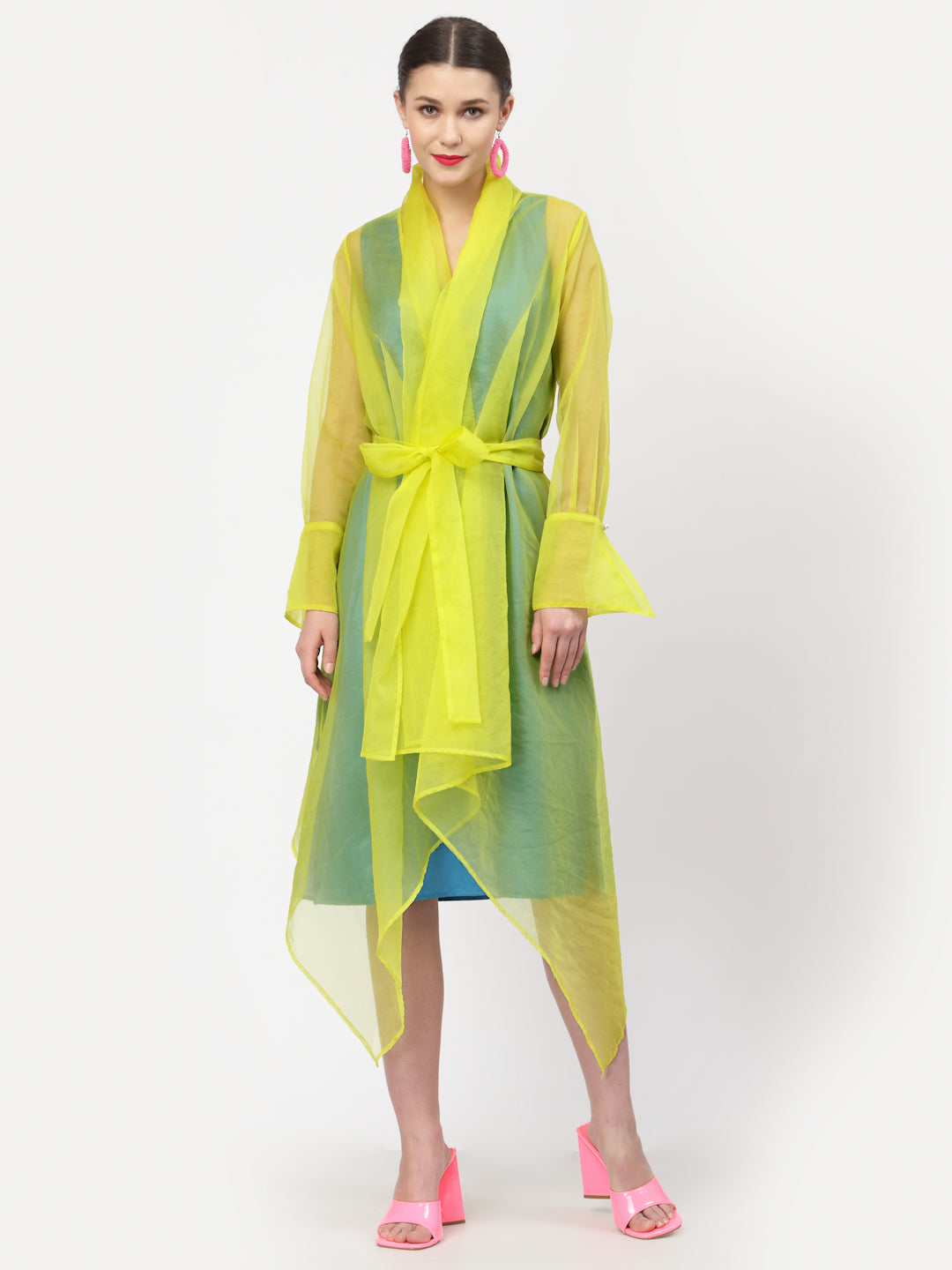 Neon Yellow Organza Drape Jacket With Turquoise Inner, Organza jackets, Stylish Jackets, Summer Women’s Jackets, Long Women Jackets , Short jackets for women