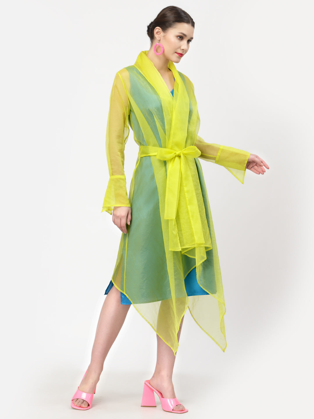 Neon Yellow Organza Drape Jacket With Turquoise Inner, Organza jackets, Stylish Jackets, Summer Women’s Jackets, Long Women Jackets , Short jackets for women