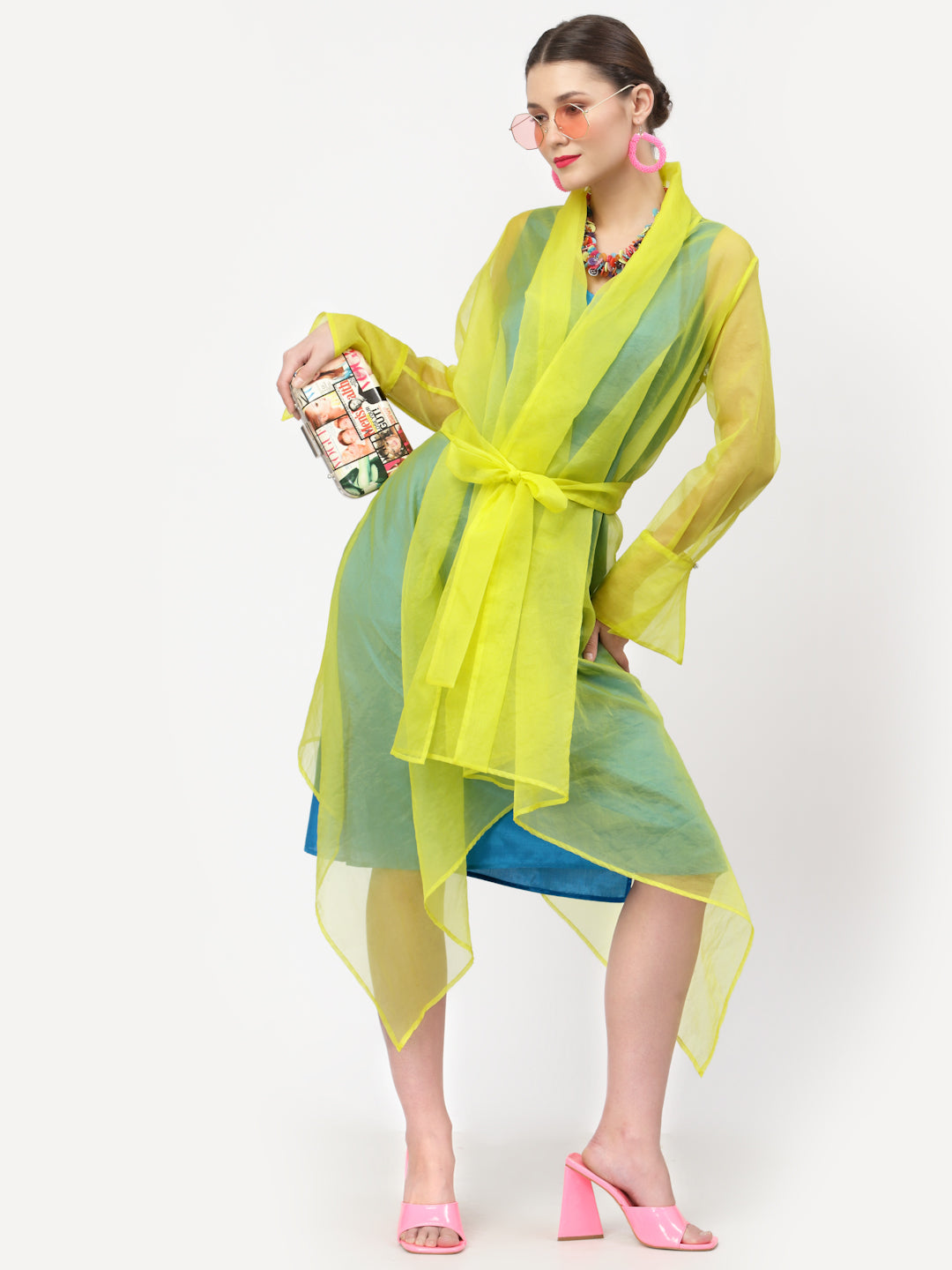 Neon Yellow Organza Drape Jacket With Turquoise Inner, Organza jackets, Stylish Jackets, Summer Women’s Jackets, Long Women Jackets , Short jackets for women