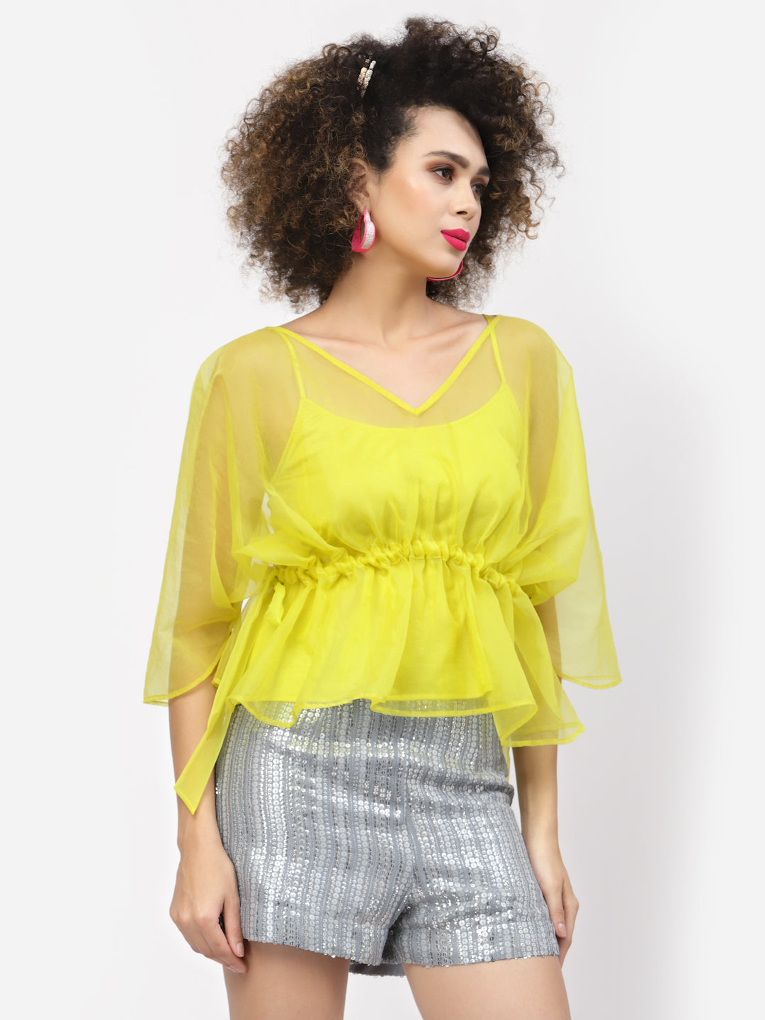 Neon Yellow Organza Drawstring Top With Yellow Spaghetti, tops for women, crop top, crop tops for women, organza tops