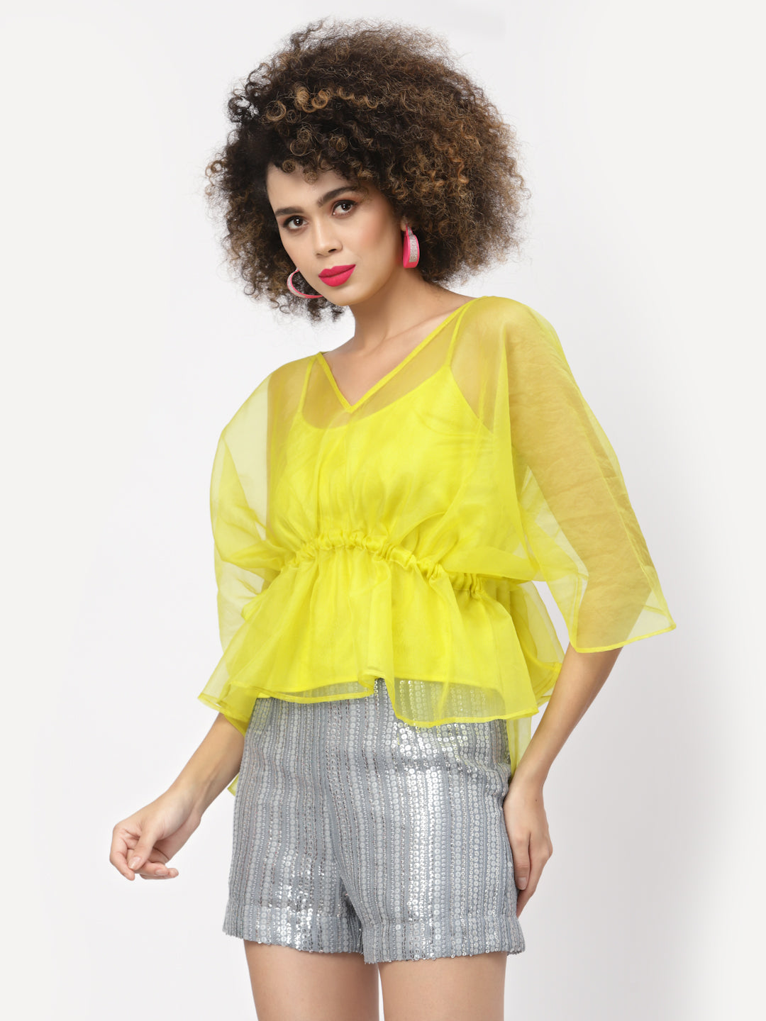 Neon Yellow Organza Drawstring Top With Yellow Spaghetti, tops for women, crop top, crop tops for women, organza tops