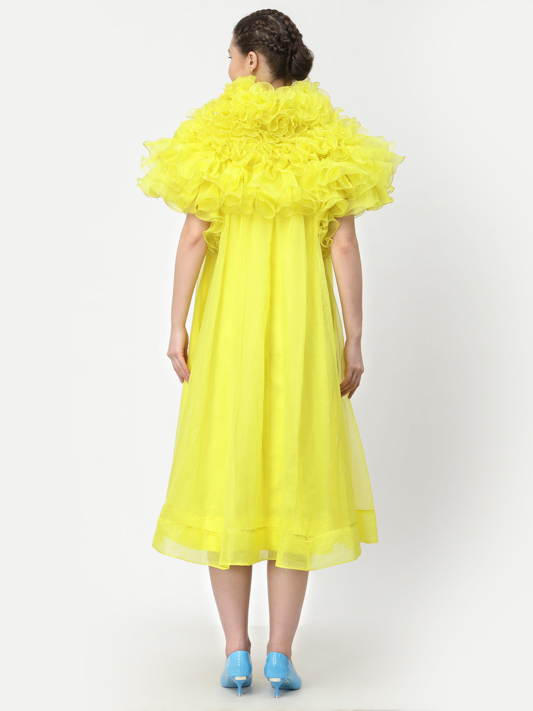 Neon Yellow Organza Dress With Frill Cape Collar, Mesh Dress , Party dress , Holographic print dress , sequins dress 