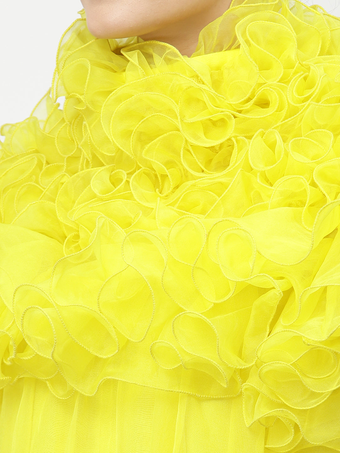 Neon Yellow Organza Dress With Frill Cape Collar, Mesh Dress , Party dress , Holographic print dress , sequins dress