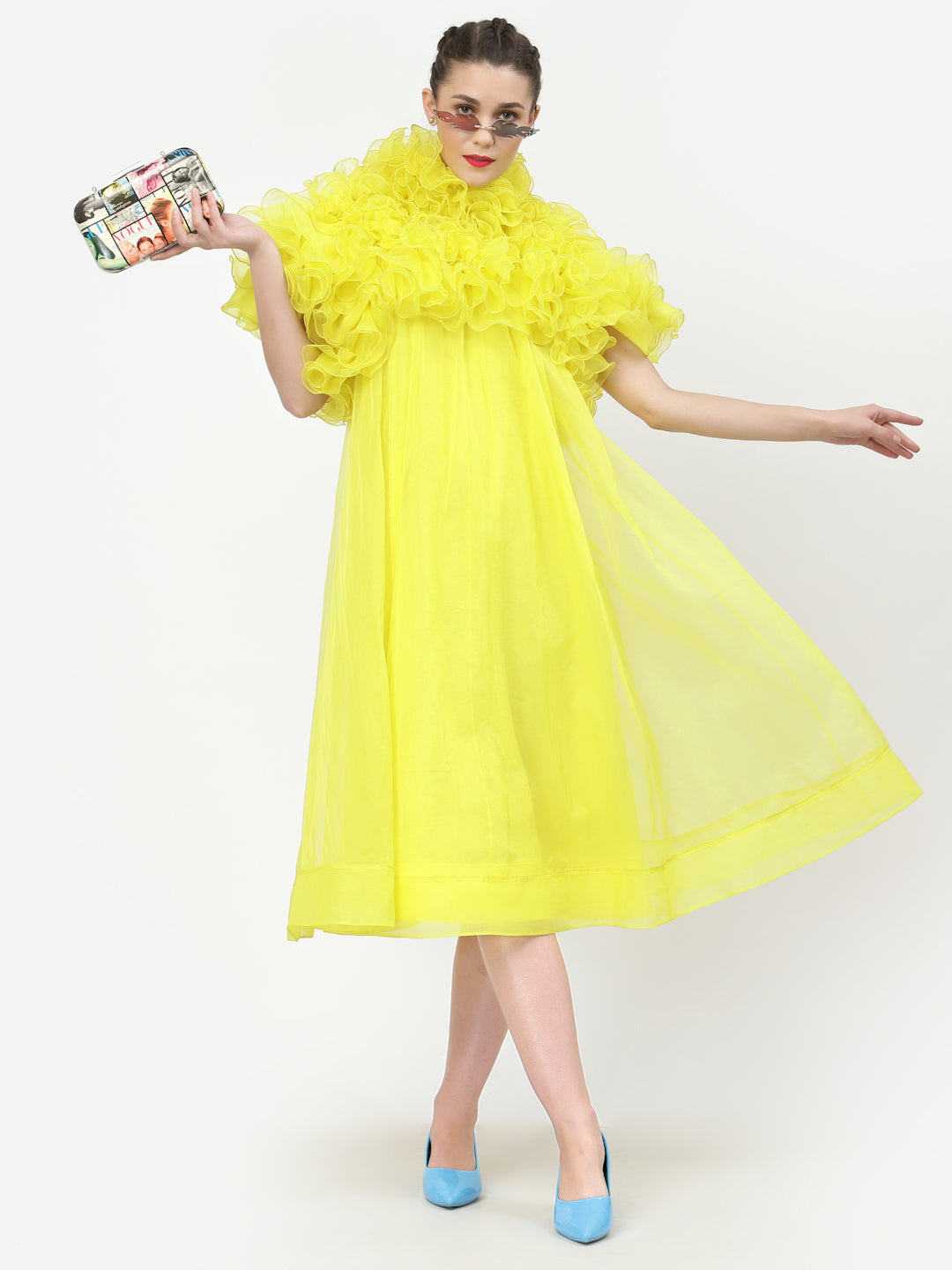 Neon Yellow Organza Dress With Frill Cape Collar, Mesh Dress , Party dress , Holographic print dress , sequins dress 