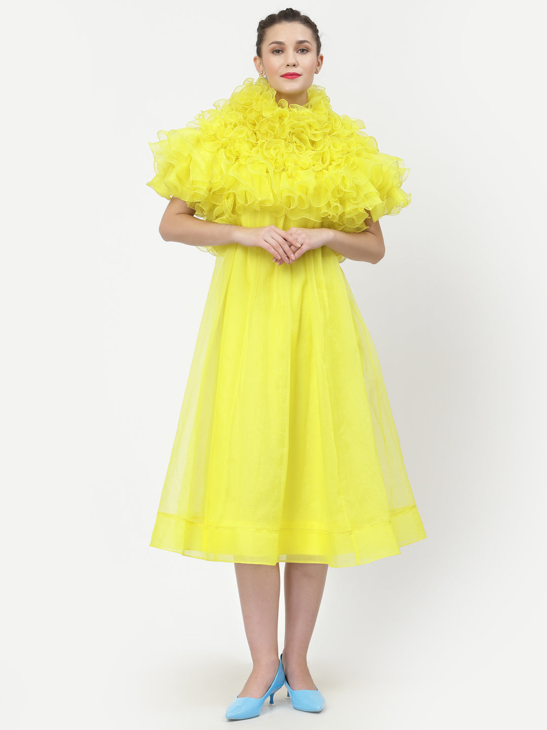 Neon Yellow Organza Dress With Frill Cape Collar, Mesh Dress , Party dress , Holographic print dress , sequins dress 