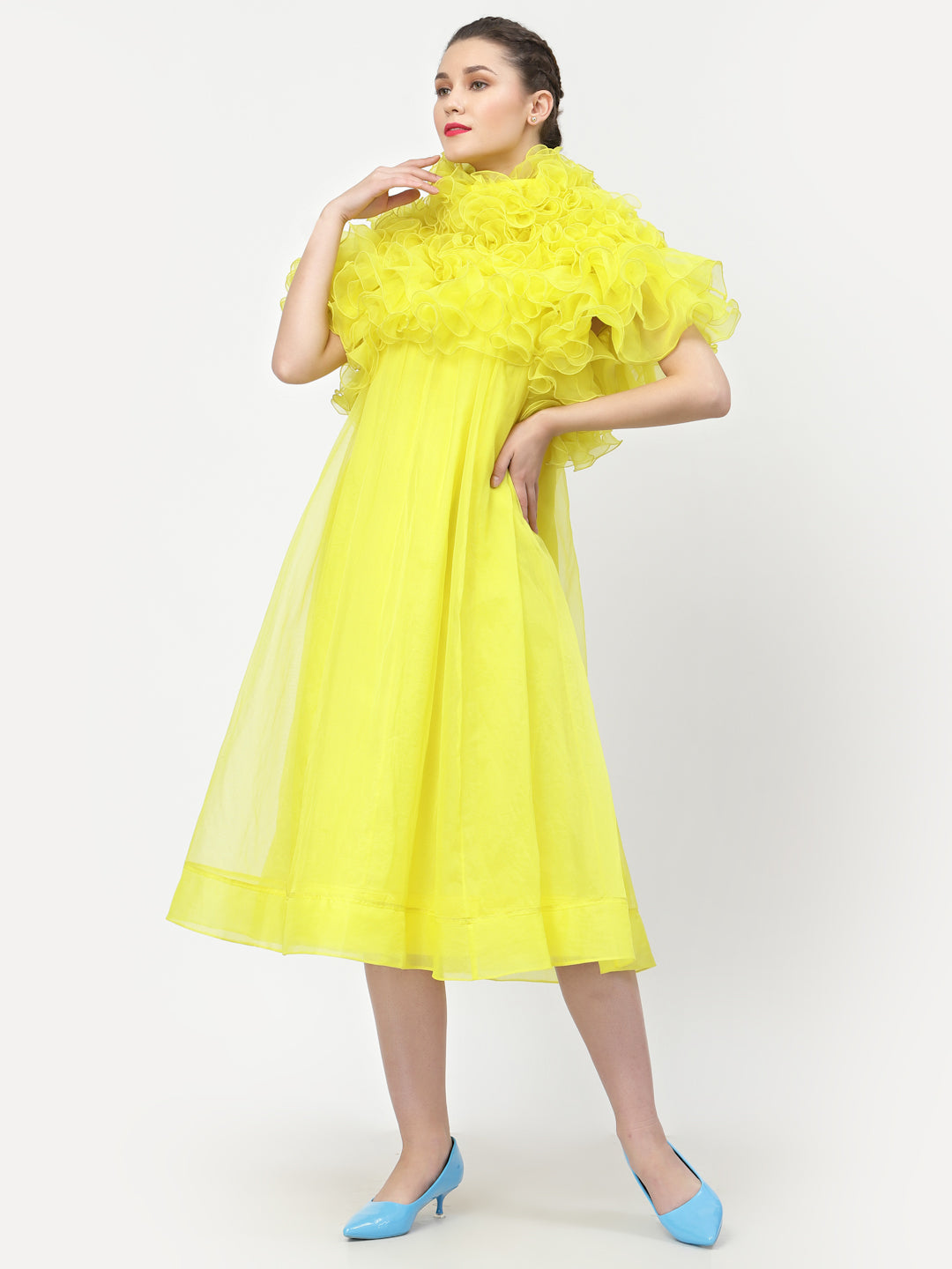 Neon Yellow Organza Dress With Frill Cape Collar, Mesh Dress , Party dress , Holographic print dress , sequins dress 