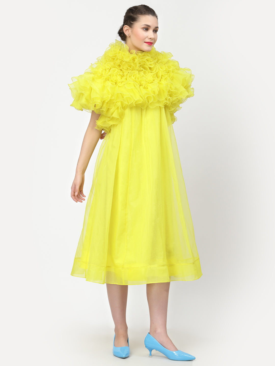 Neon Yellow Organza Dress With Frill Cape Collar, Mesh Dress , Party dress , Holographic print dress , sequins dress 
