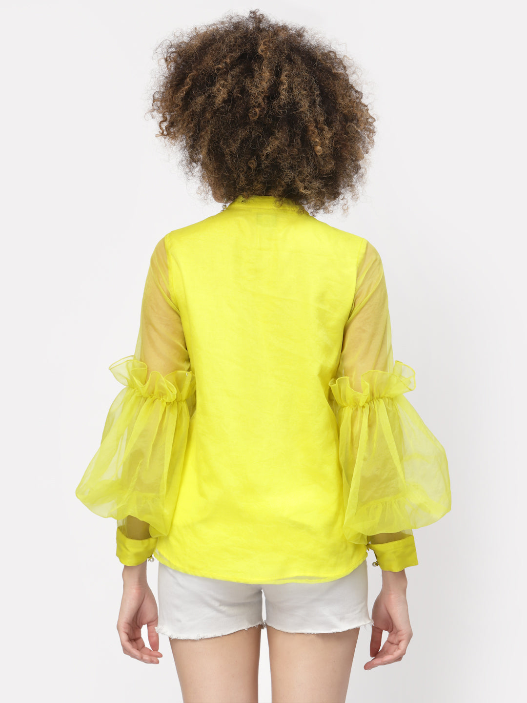 Neon Yellow Organza Top With Buttons And Laces, tops for women, crop top, crop tops for women, organza tops