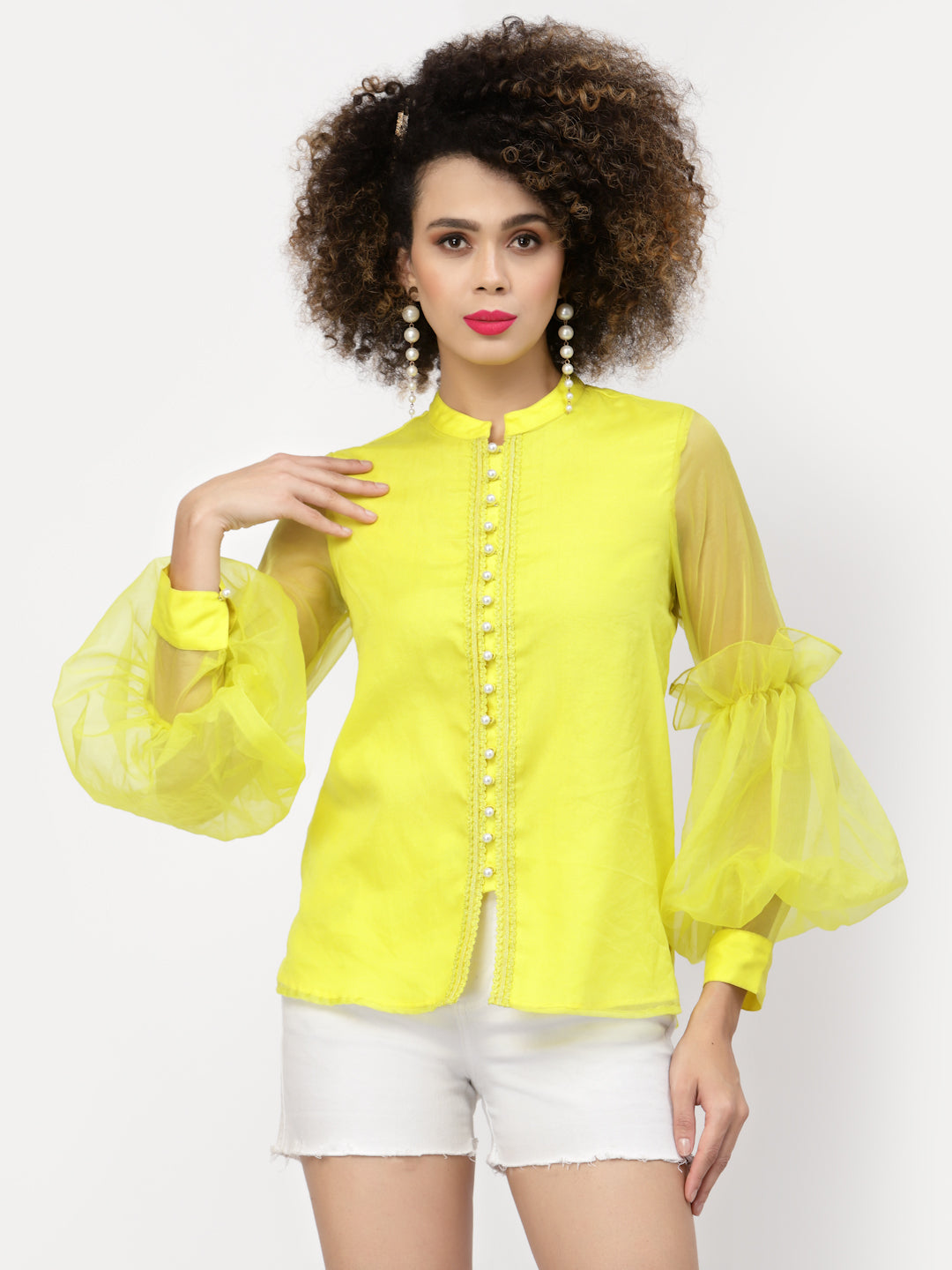 Neon Yellow Organza Top With Buttons And Laces