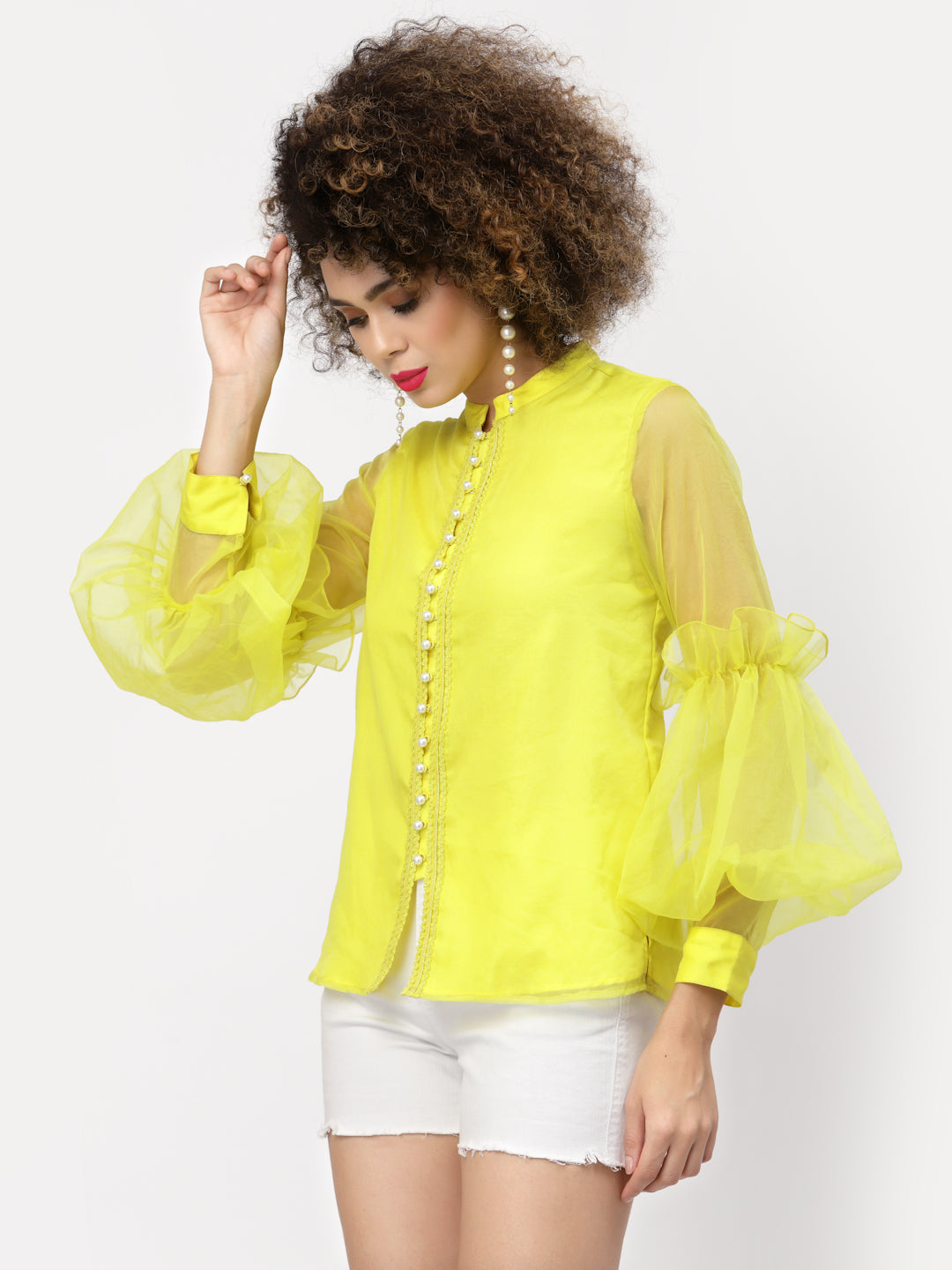 Neon Yellow Organza Top With Buttons And Laces, tops for women, crop top, crop tops for women, organza tops