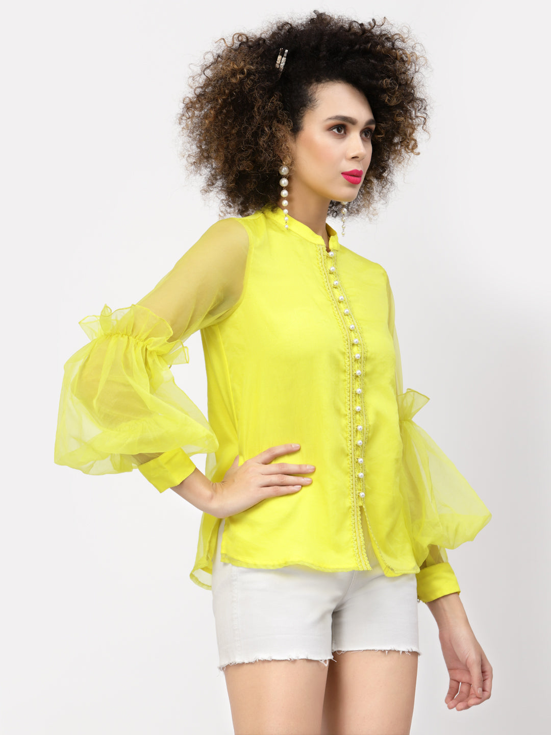 Neon Yellow Organza Top With Buttons And Laces, tops for women, crop top, crop tops for women, organza tops