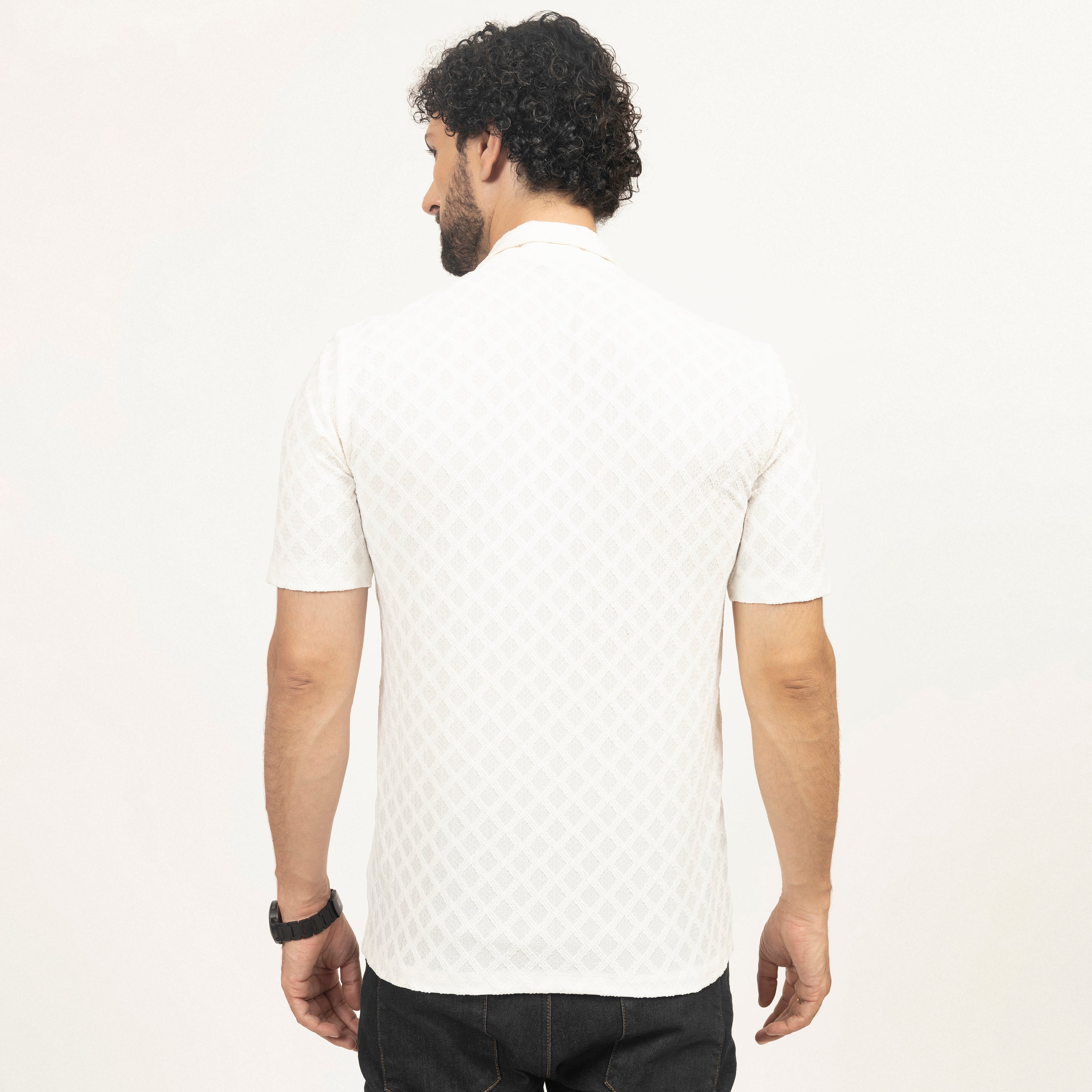 Off-white diamond textured Lycra shirt for men-4