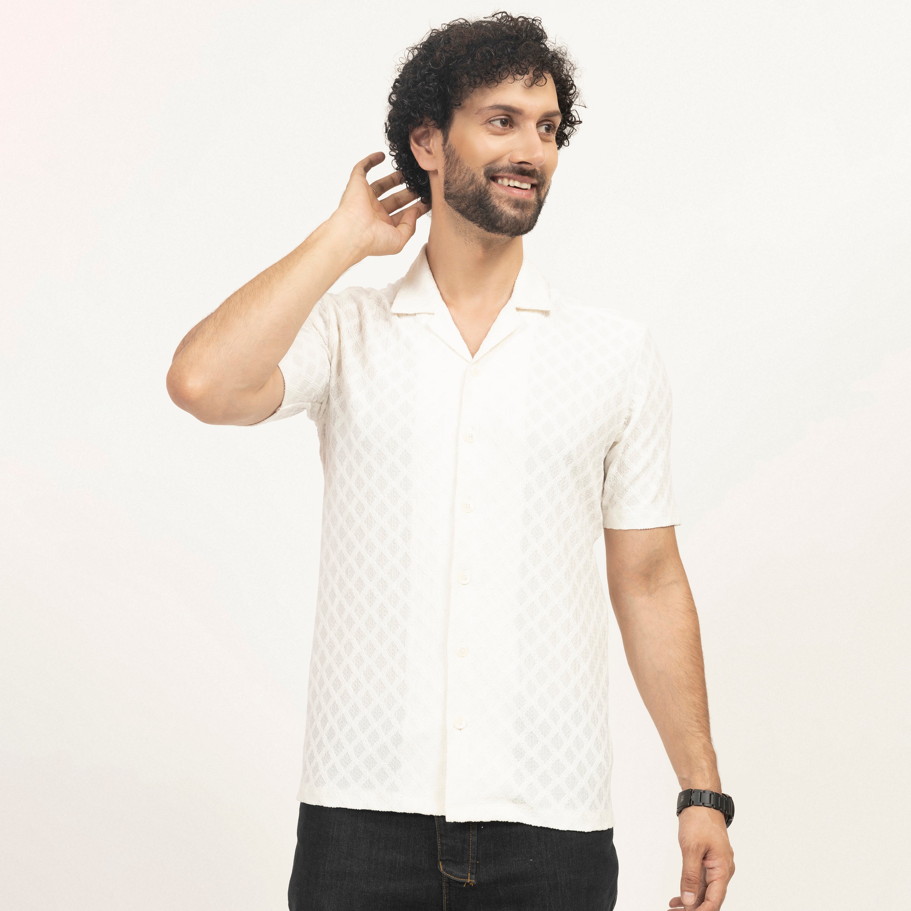 Off-white diamond textured Lycra shirt for men-5