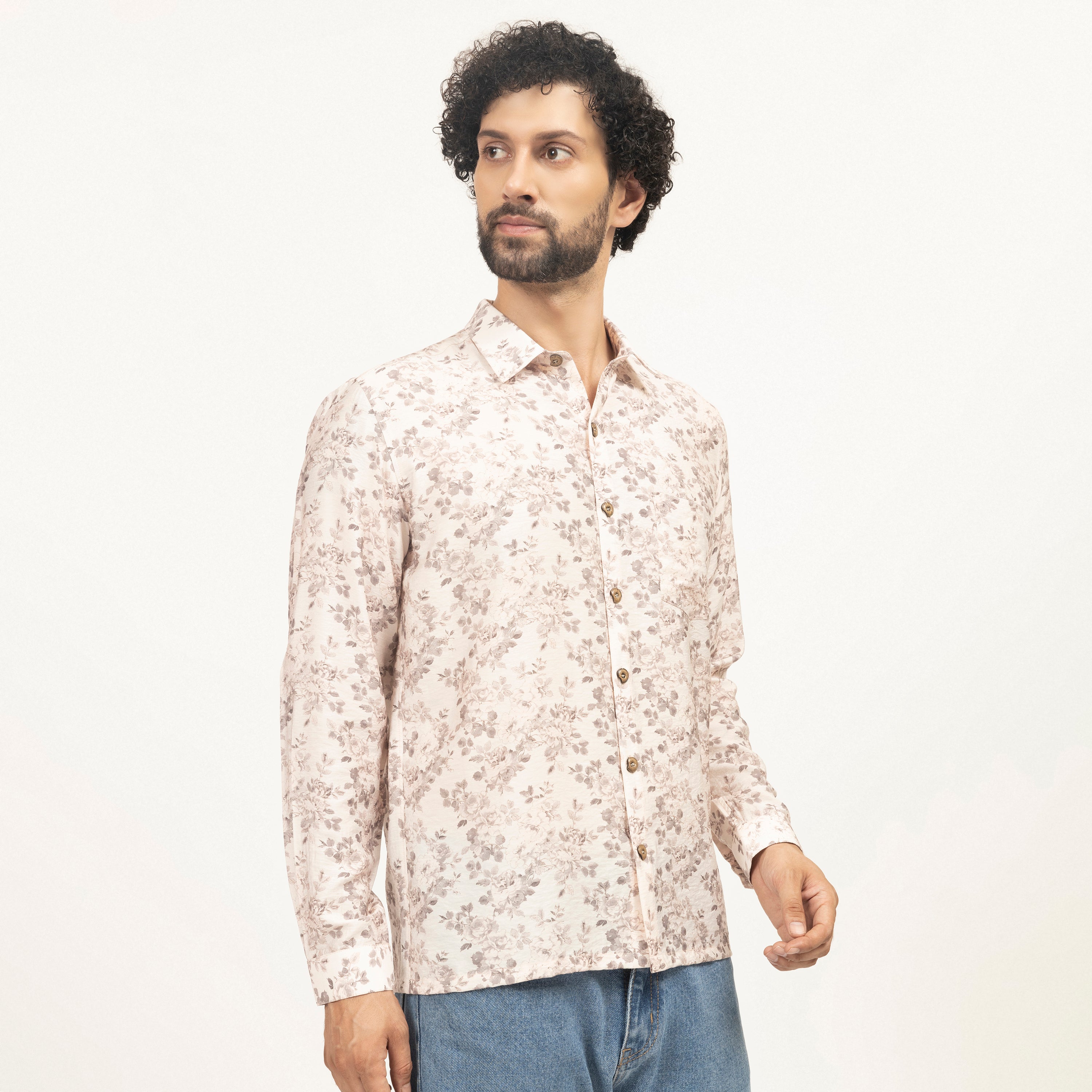 Off-White Floral Printed Full Sleeves Shirt, men shirt, color, flower, sleeve design, shirts