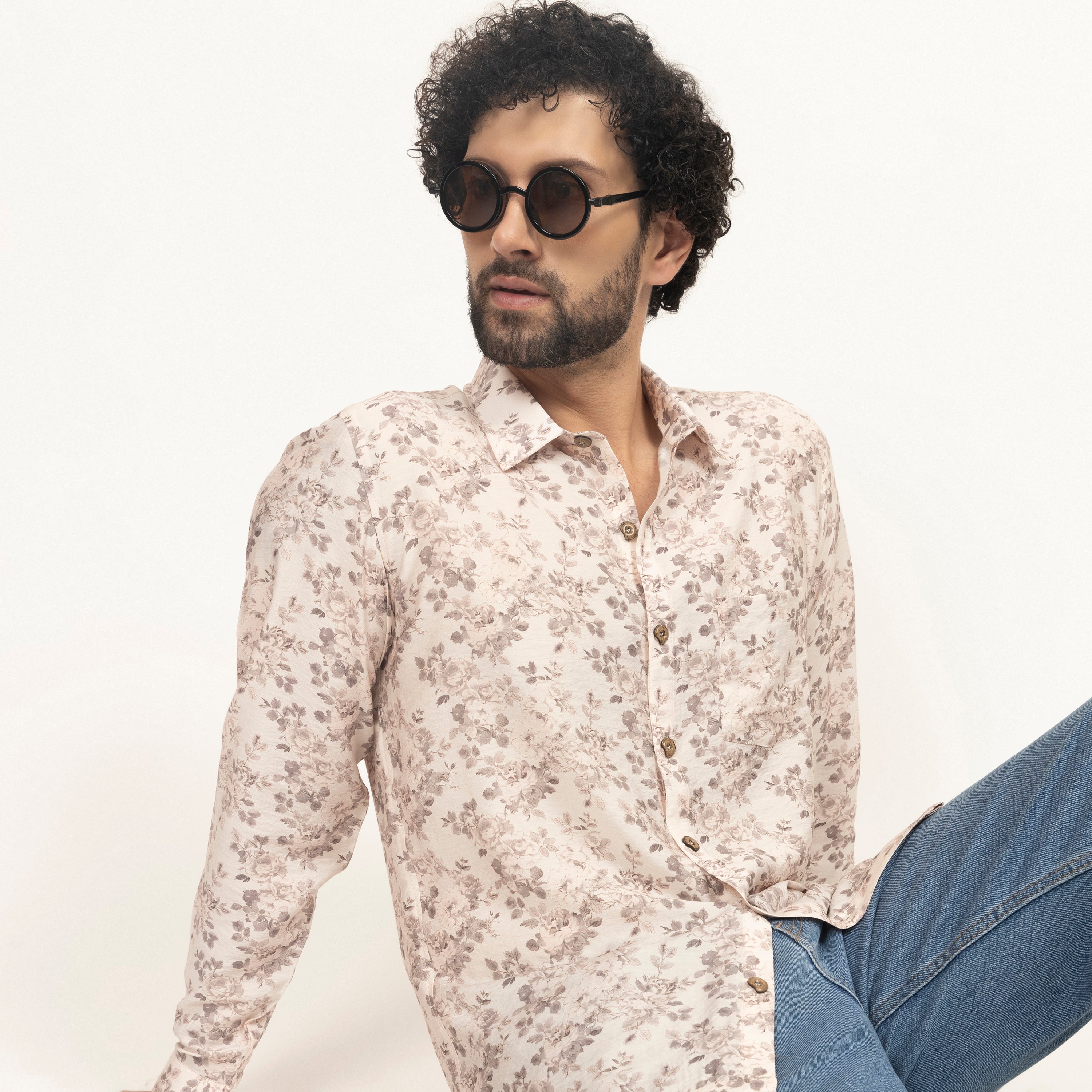 Off-White Floral Printed Full Sleeves Shirt, men shirt, color, flower, sleeve design, shirts