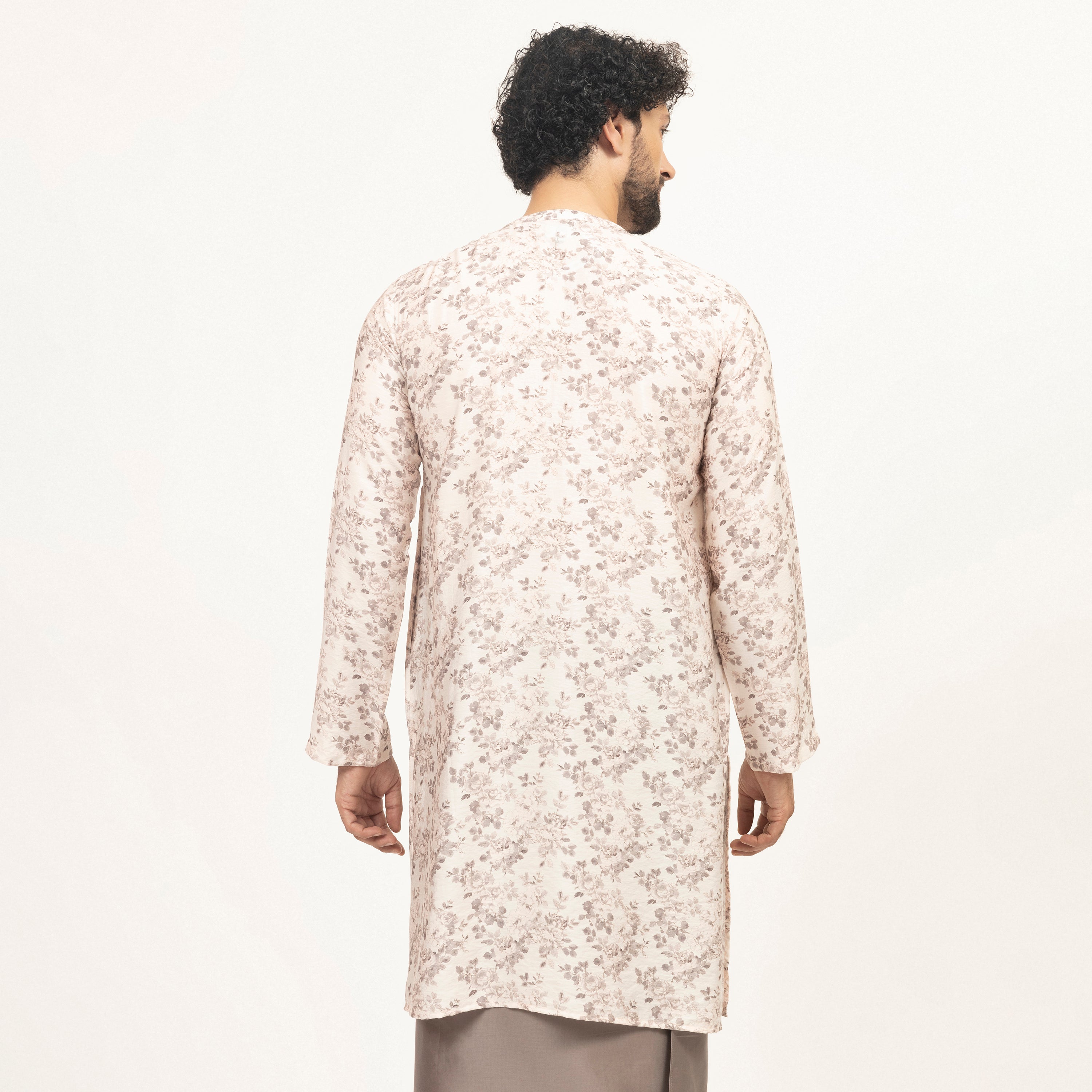 Off-White Floral Printed Kurta for Men-5