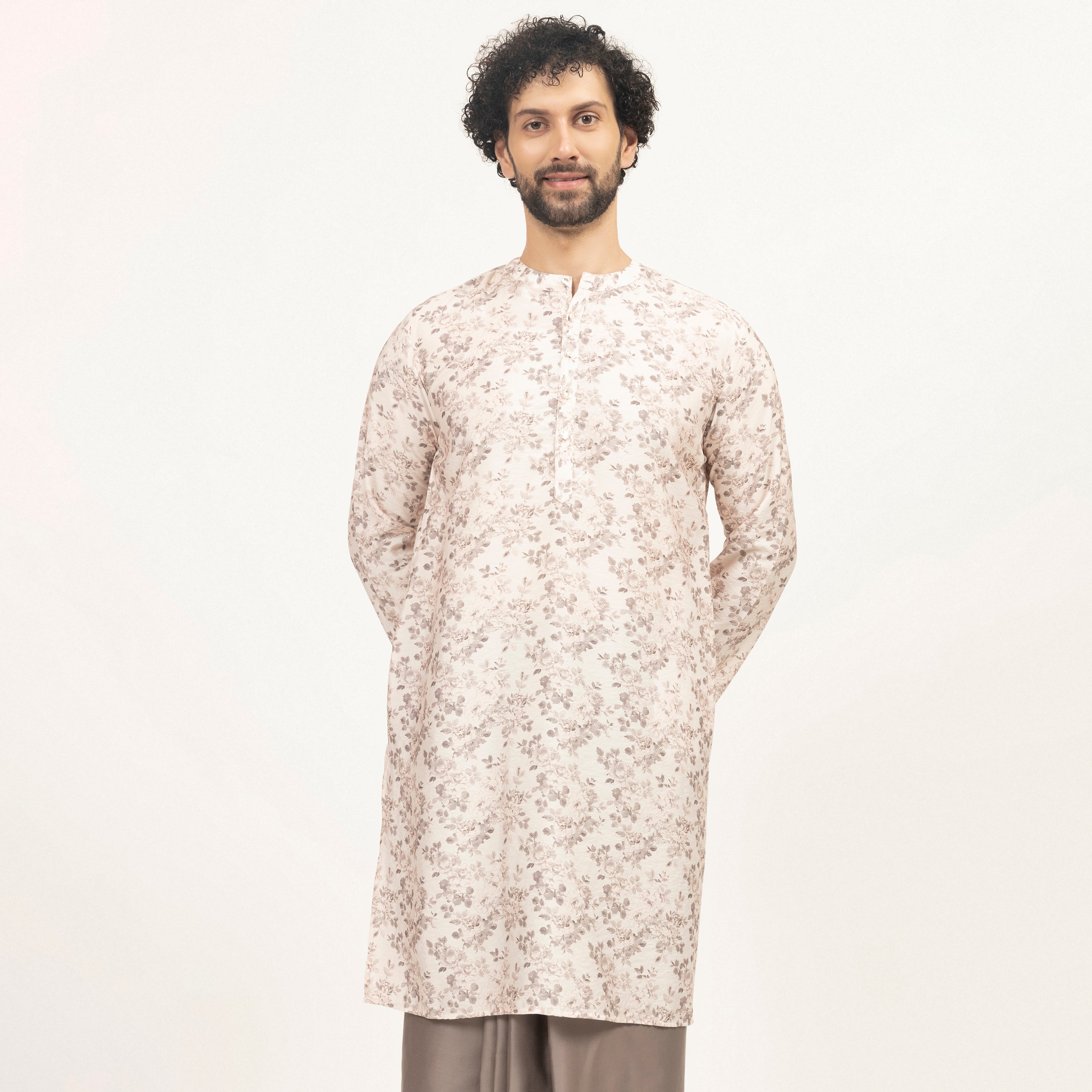 Off-White Floral Printed Kurta for Men-6