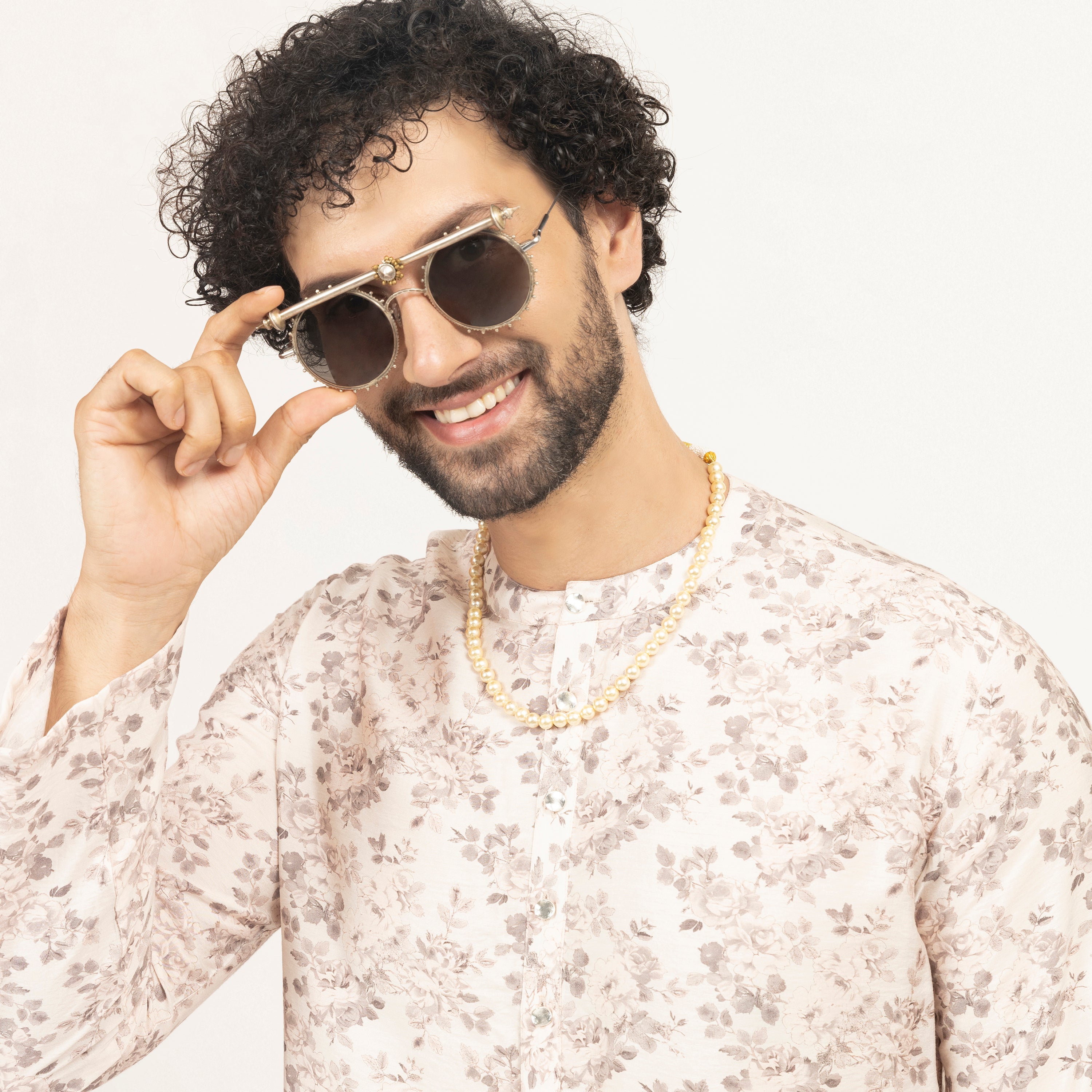 Off-White Floral Printed Kurta for Men