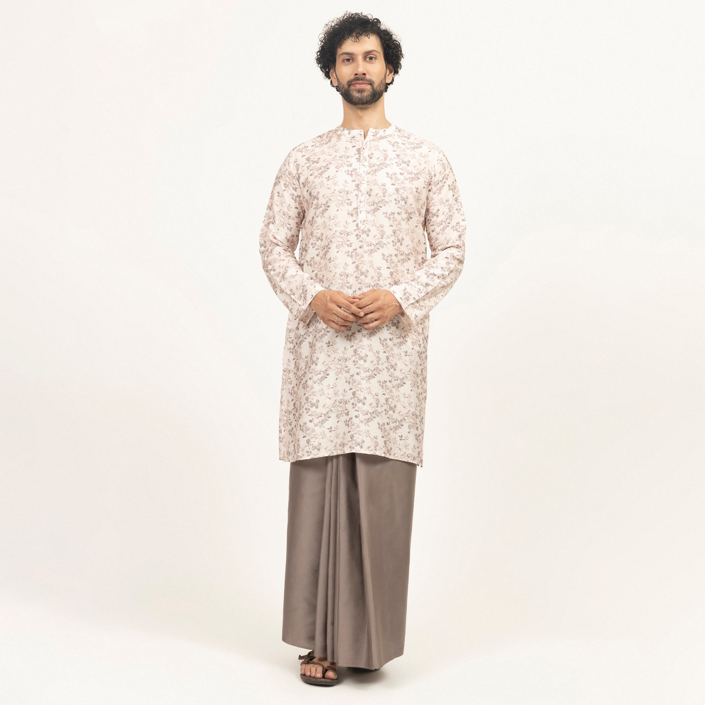 Off-White Floral Printed Kurta for Men-7