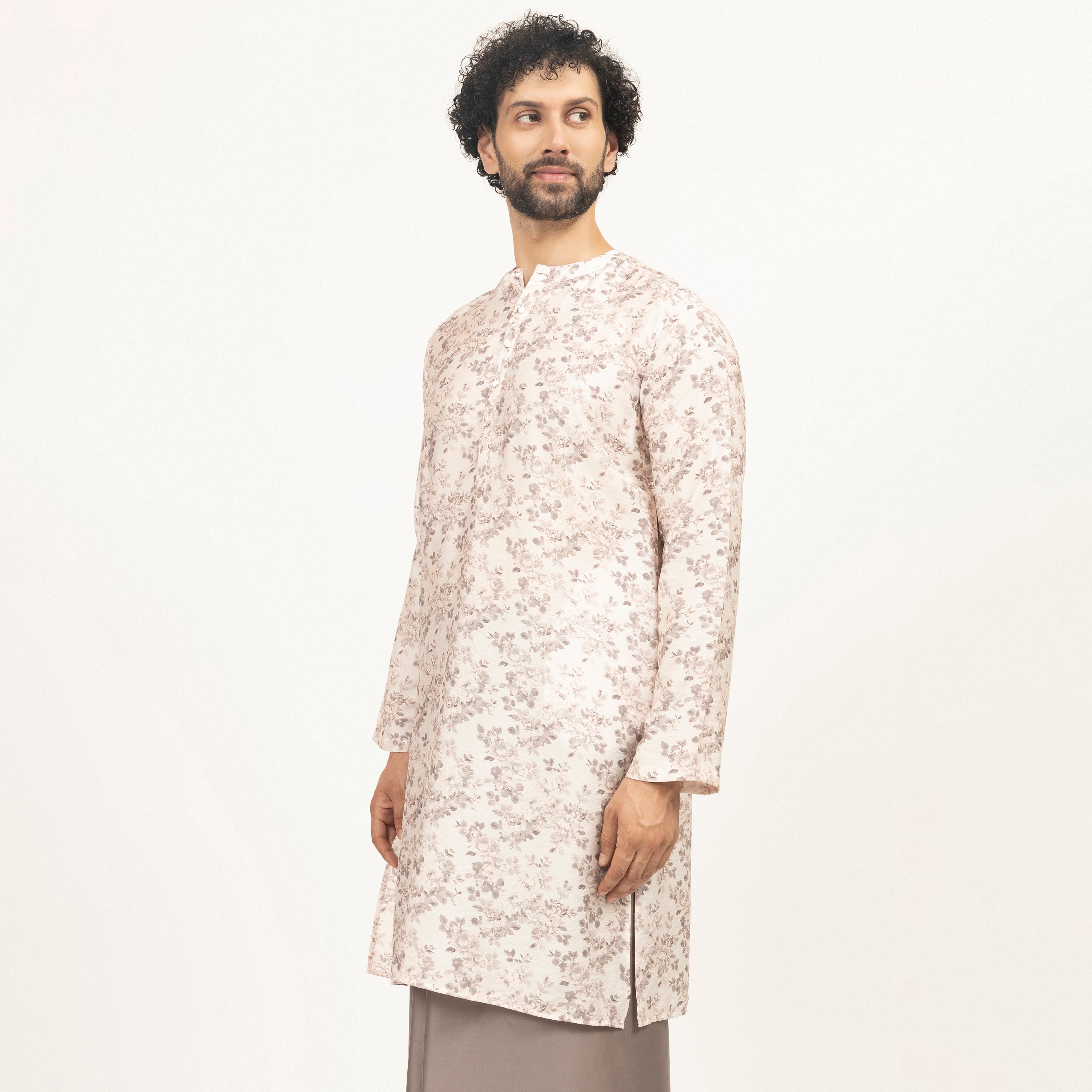 Off-White Floral Printed Kurta for Men-2
